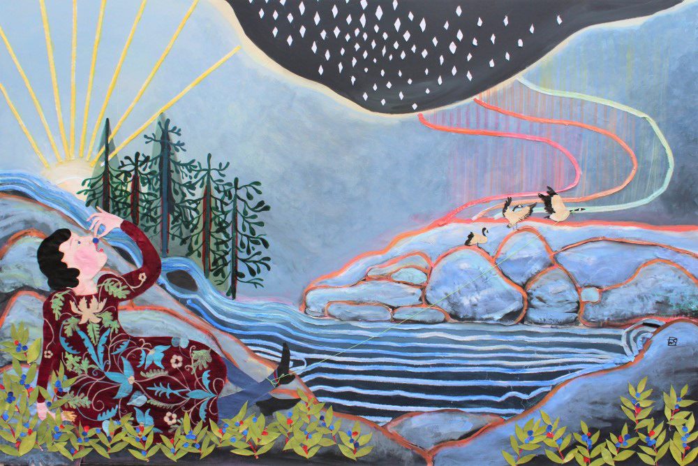 🔴For Now, I'll Just Wait Here. 40x60. Fabric, embroidery, paper and acrylic on canvas.  