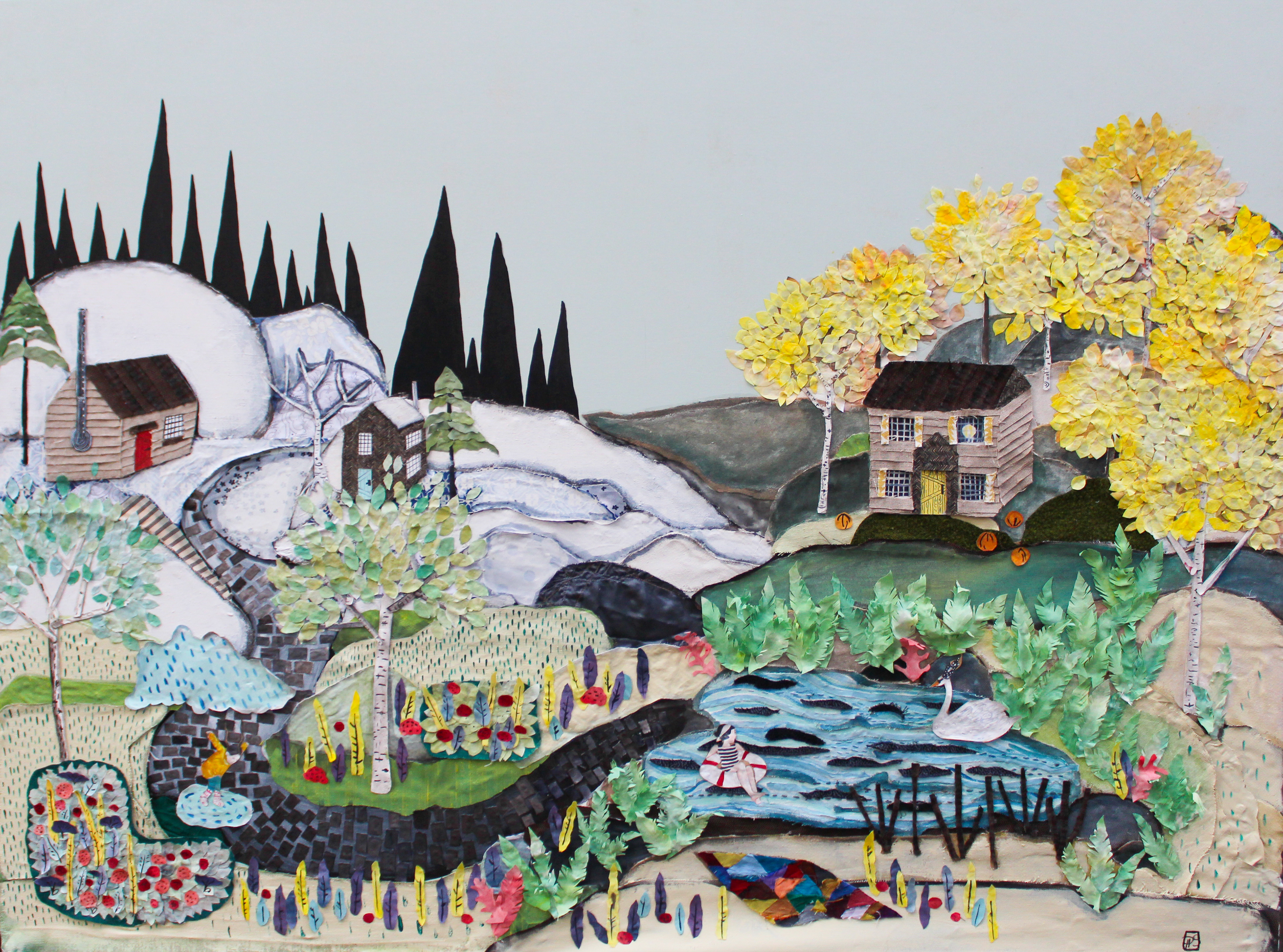 🔴Here Comes the Sun . 2019. 36x48. Fabric, embroidery, paper and gouache on birch panel.  