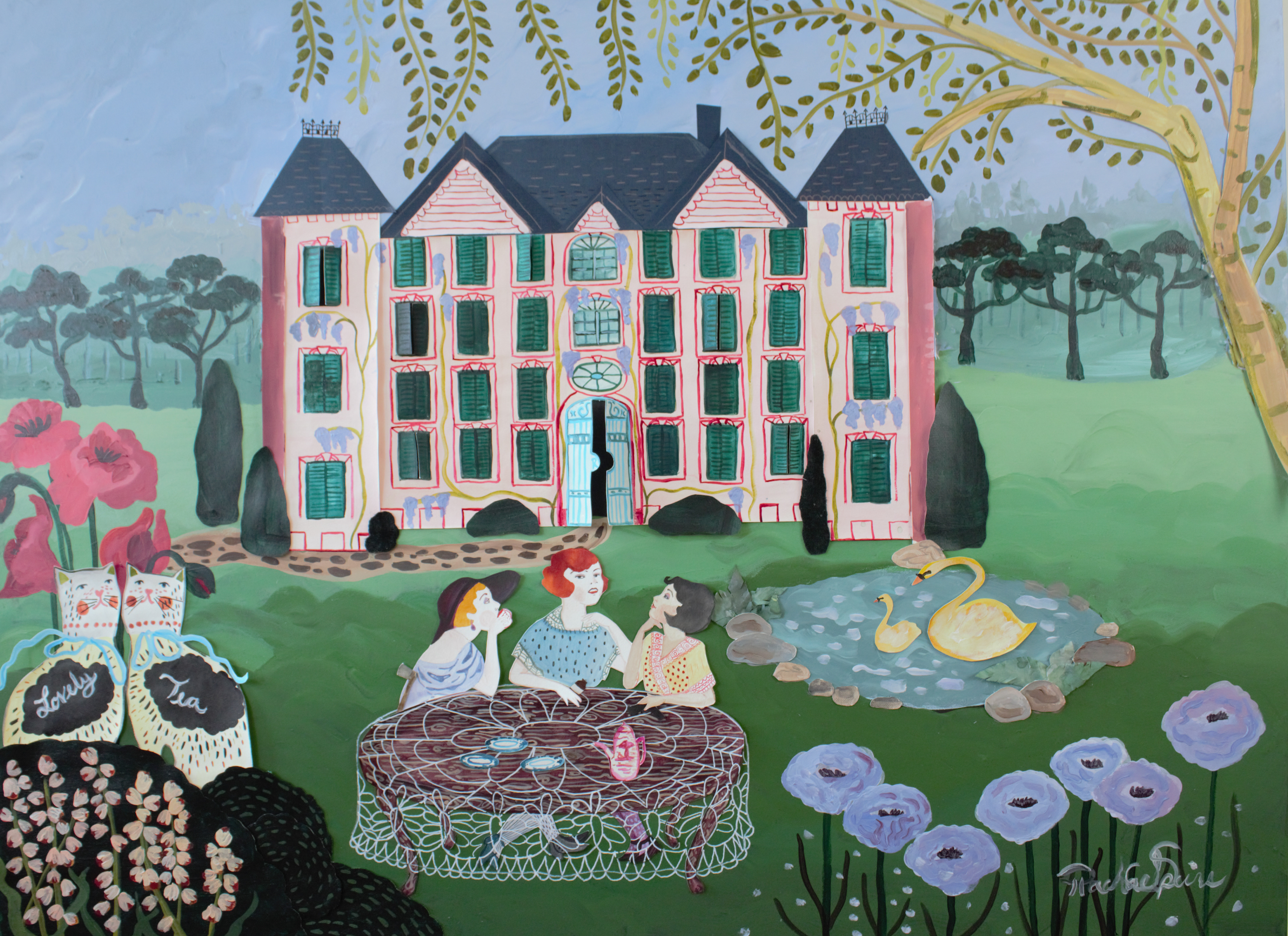 🔴Lovely Tea, 25x35. (2021) Fabric, paper, ink, gouache, acrylic on canvas. 