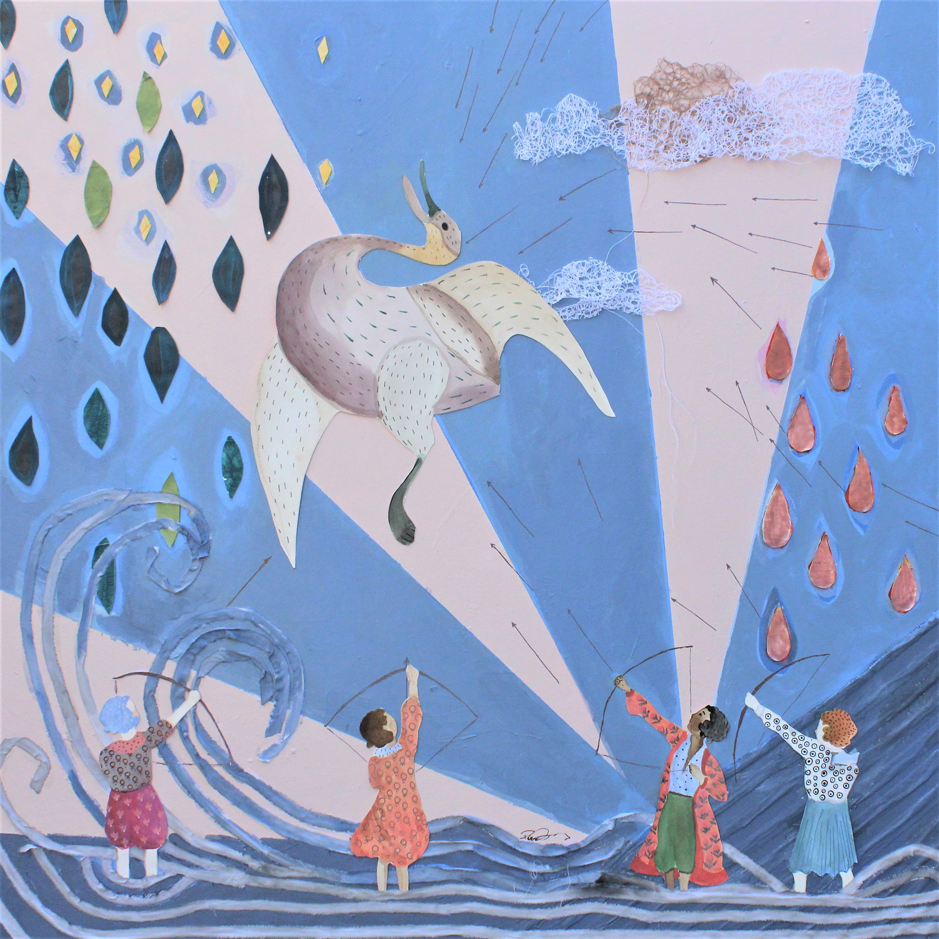 🔴Test Of Manhood. 30 x 30 (2021). Fabric, embroidery, paper and acrylic gouache on canvas. 