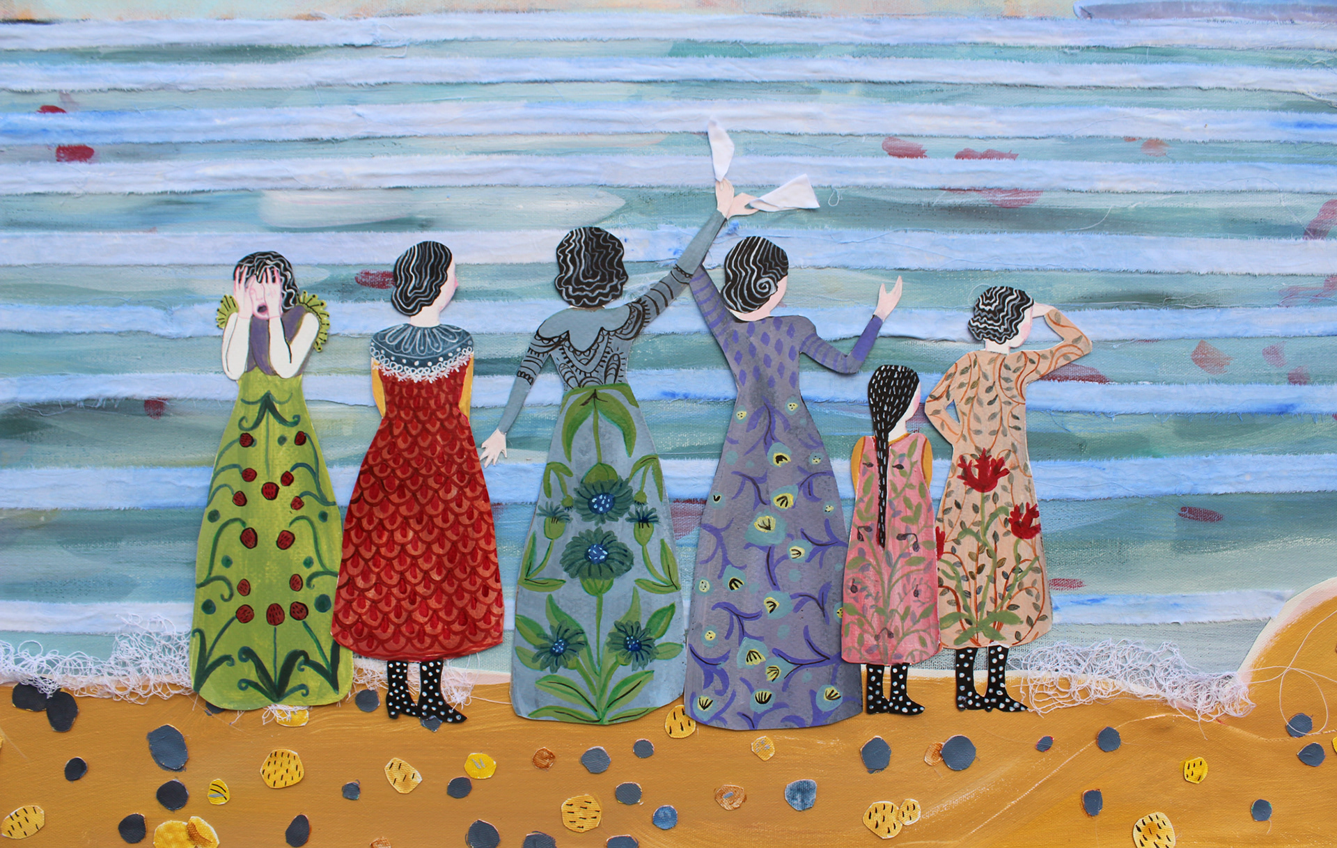 🔴Watching storms start to form 30x60. (2020) Fabric, embroidery, paper, gold leaf, acrylic and acrylic gouache on canvas. 