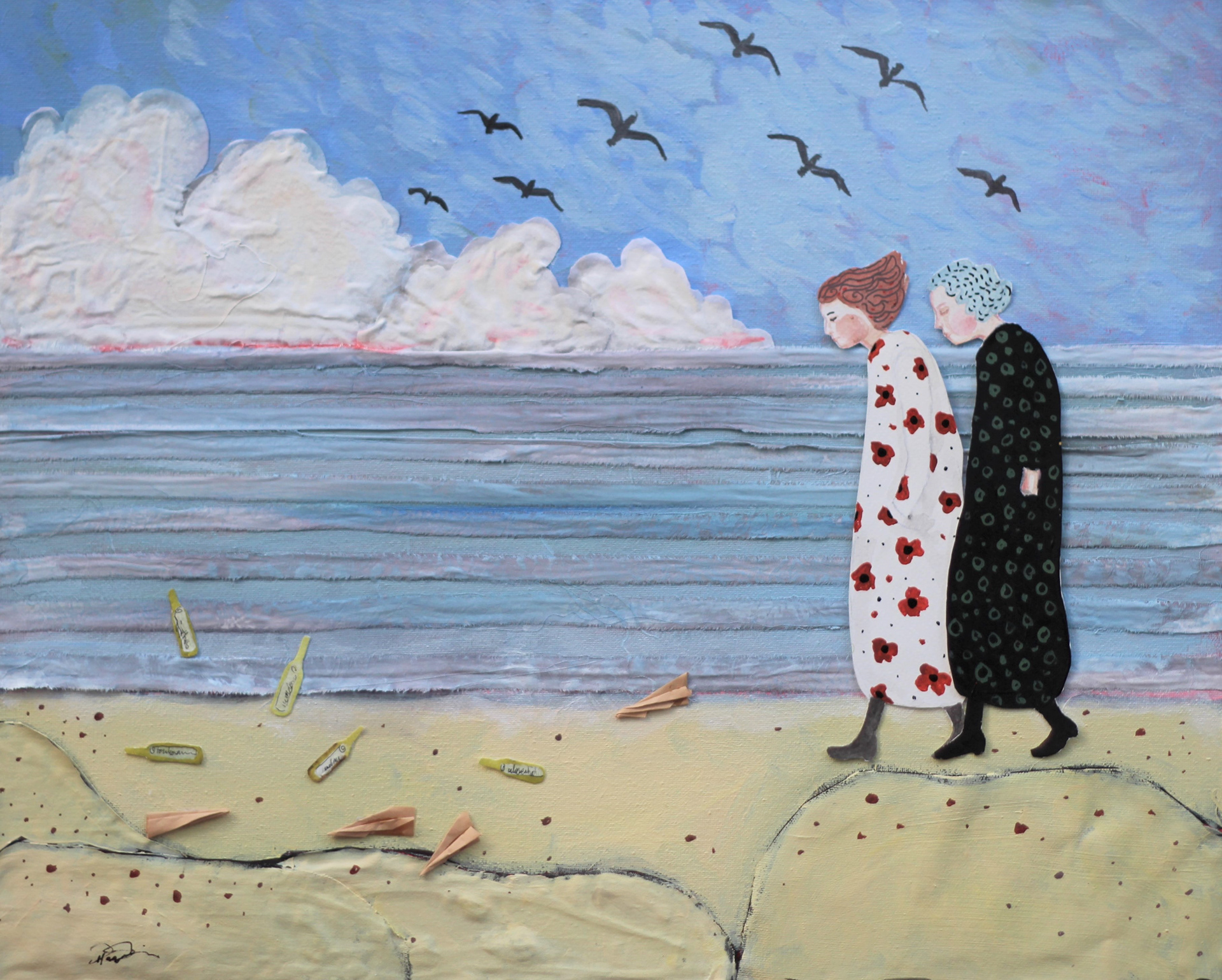 🔴I look forward to these walks 2. 16x20. Fabric, paper, acrylic on canvas. Framed in a black poplar floater frame. Ready to hang. 