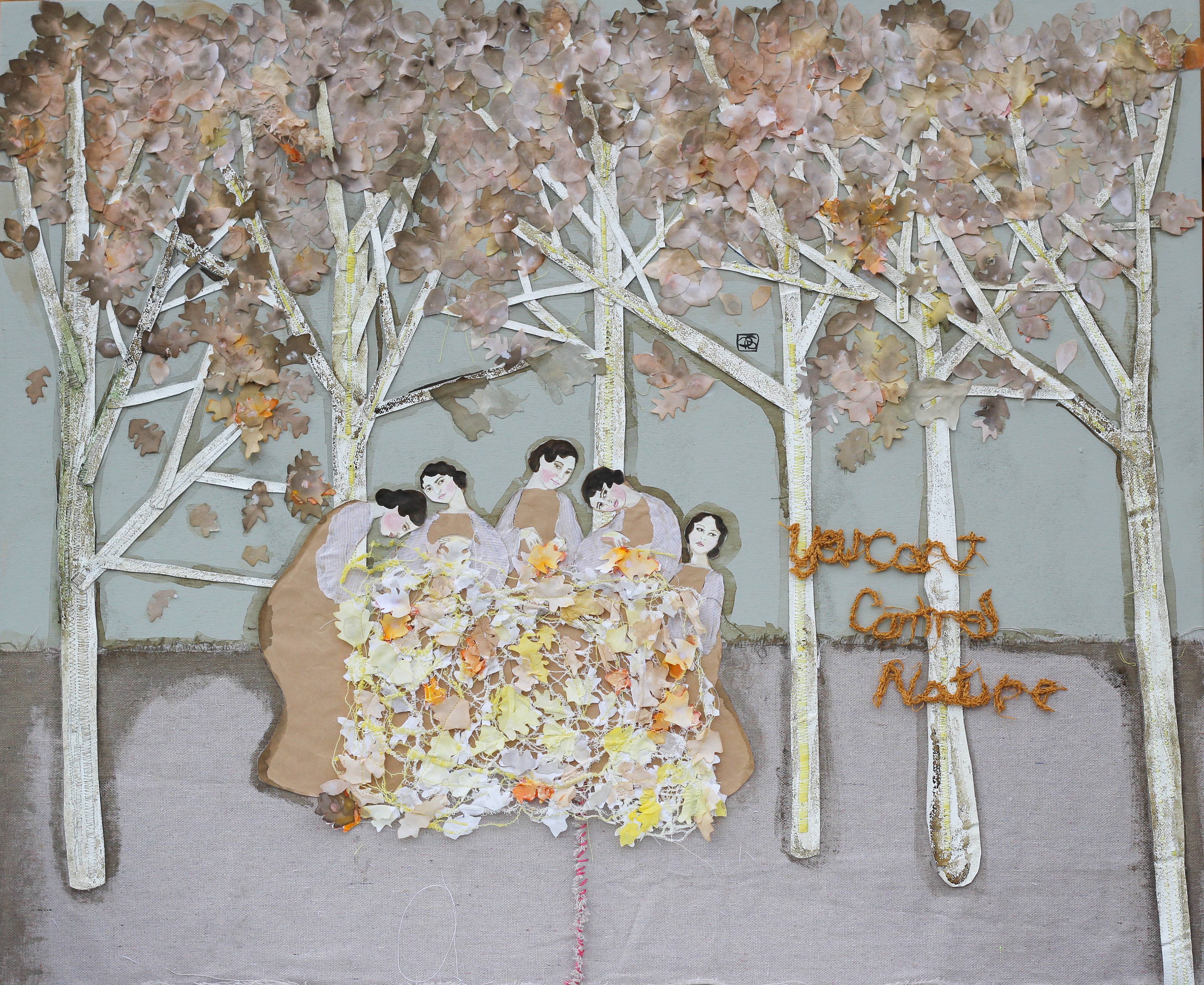 🔴You Cant Control Nature, 2013. 25x30. Gouache, fabric, paper and embroidery on birch panel. 