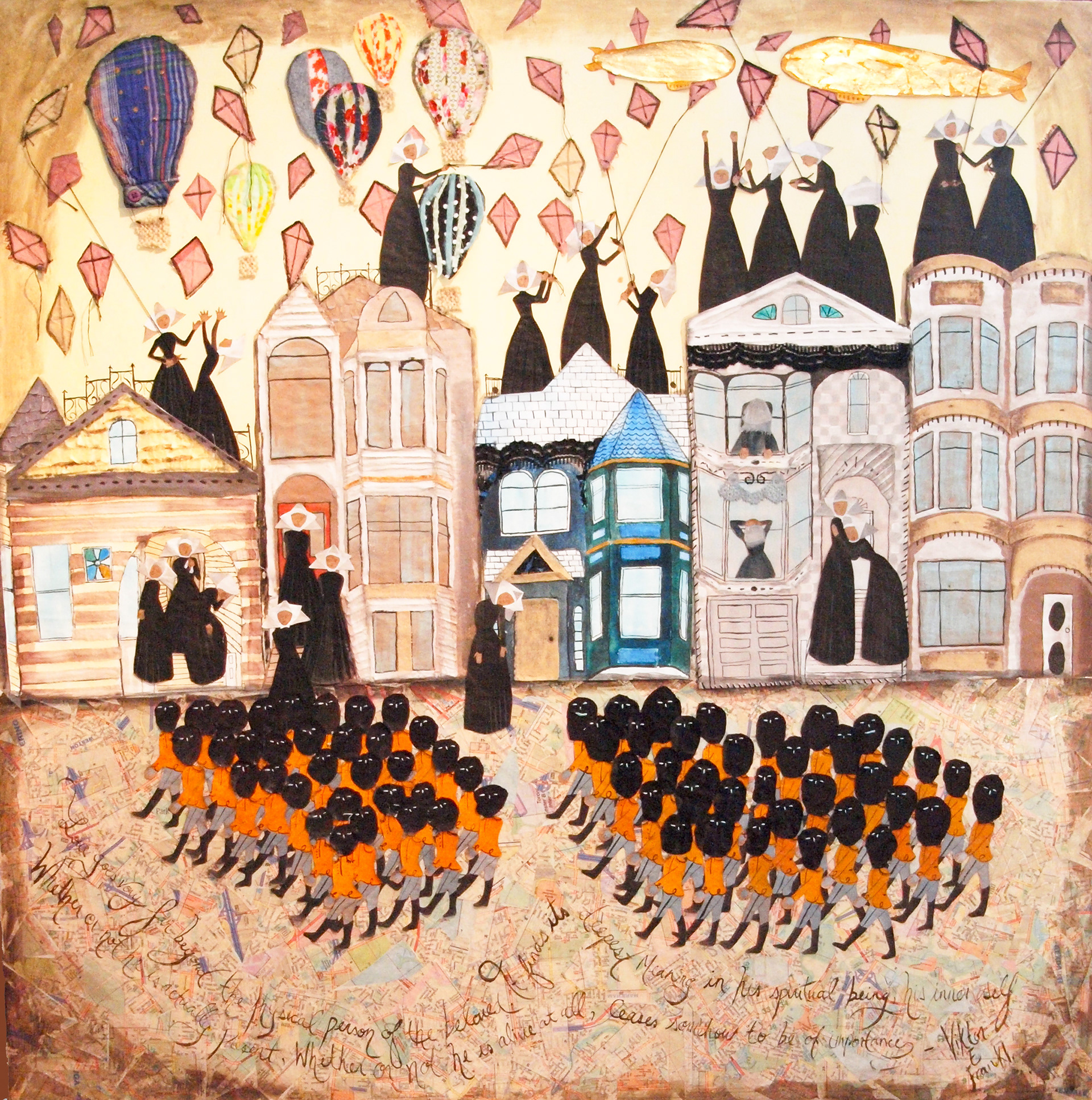 🔴Dystopia. 2011. 42x42. Fabric, paper, embroidery, gouache and ink on birch panel. 