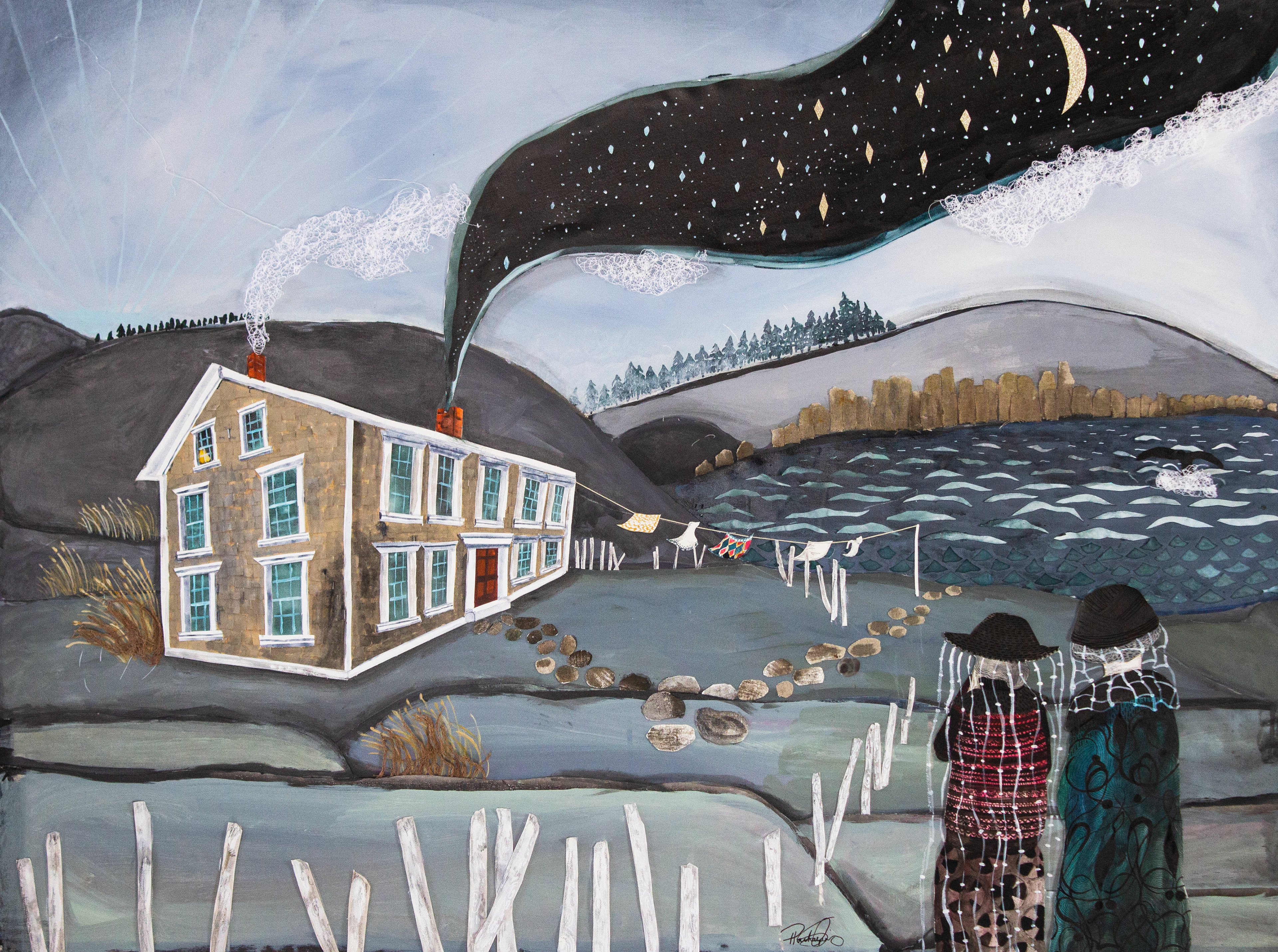 🔴I Wonder What Was Left Behind. 36 x48. Fabric, embroidery, paper, glitter paper, acrylic and gouache on canvas. Framed behind glass . SOLD