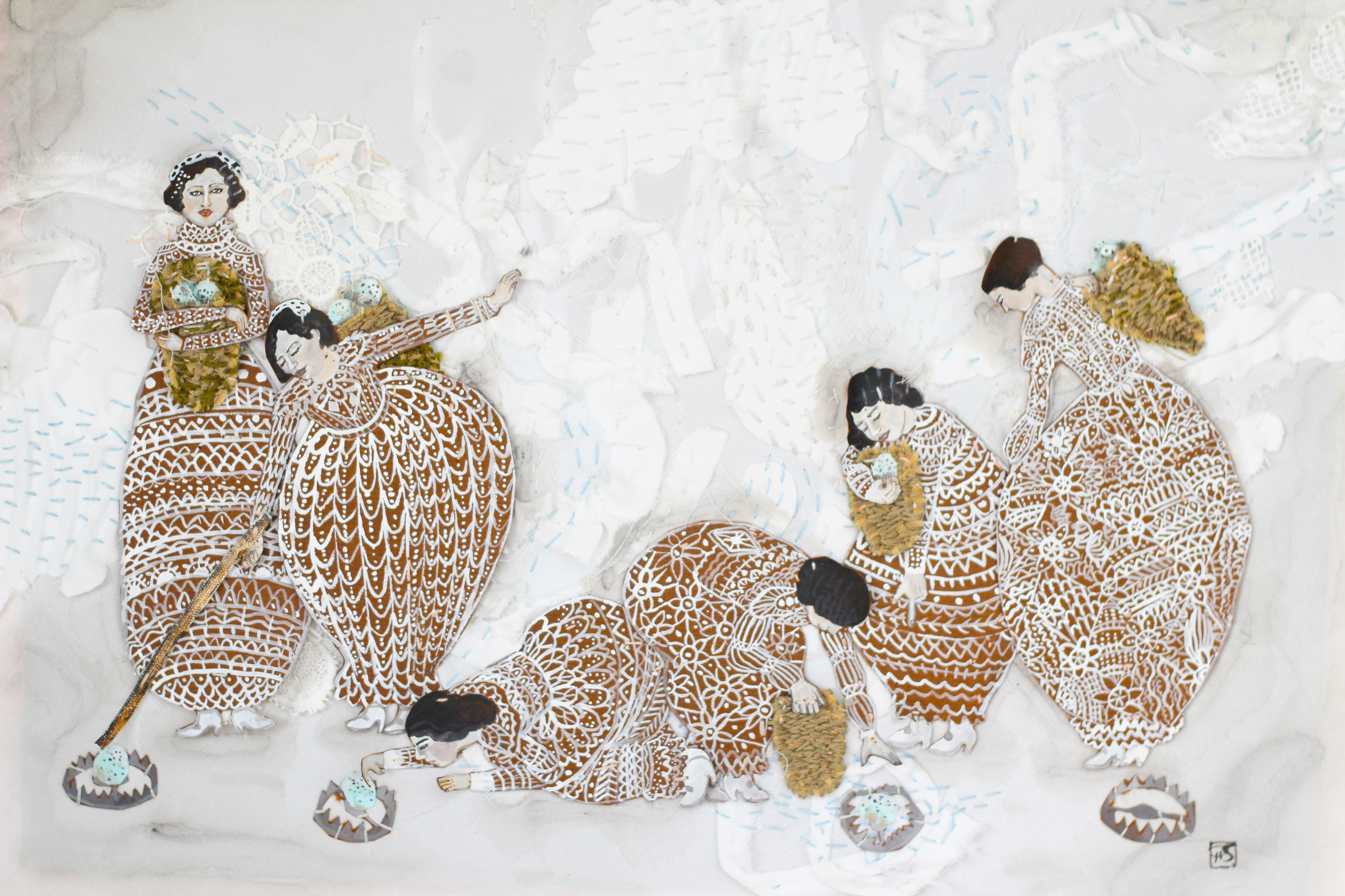 🔴Trapped eggs.  2013. 8x12. Gouache, paper, fabric and embroidery on silk.  