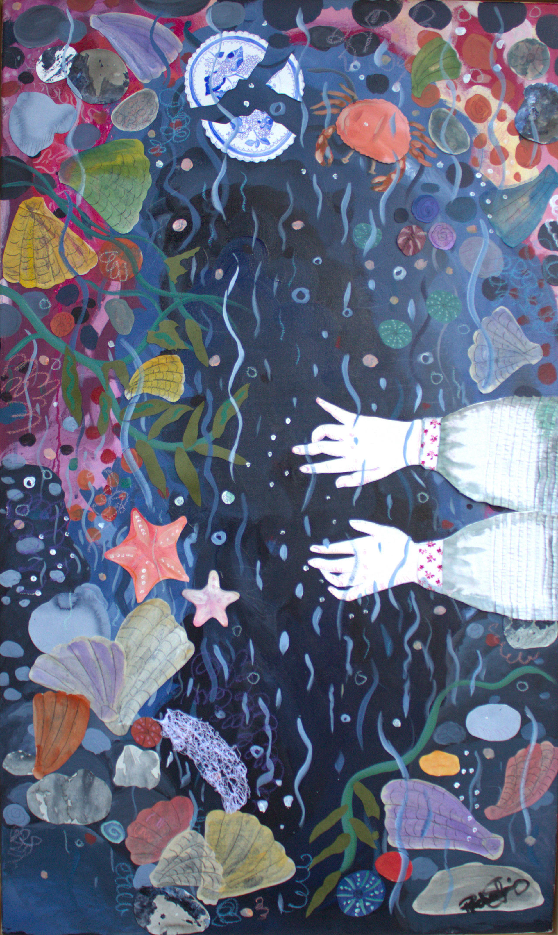 All Silver and Shadow.  24x40. Fabric, embroidery, paper, acrylic and gouache on canvas. Framed in a white frame behind glass. Ready to hang. $2,200 