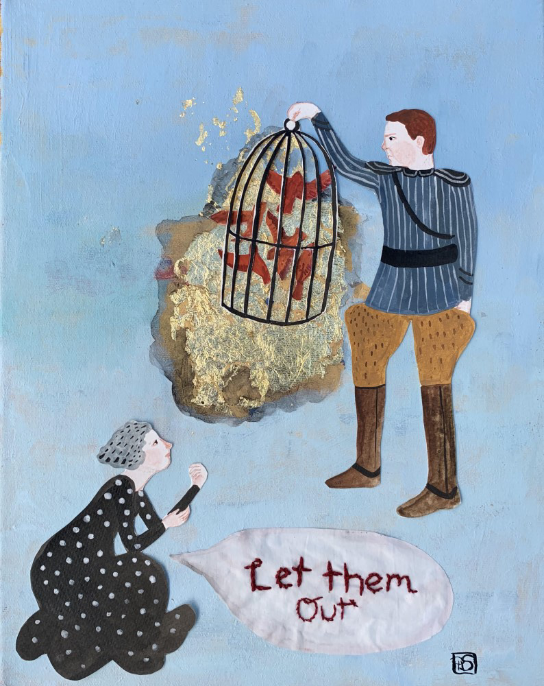 Let Them Out. 12x16 (2020). Fabric, gold leaf, embroidery, paper and gouache on canvas. $480