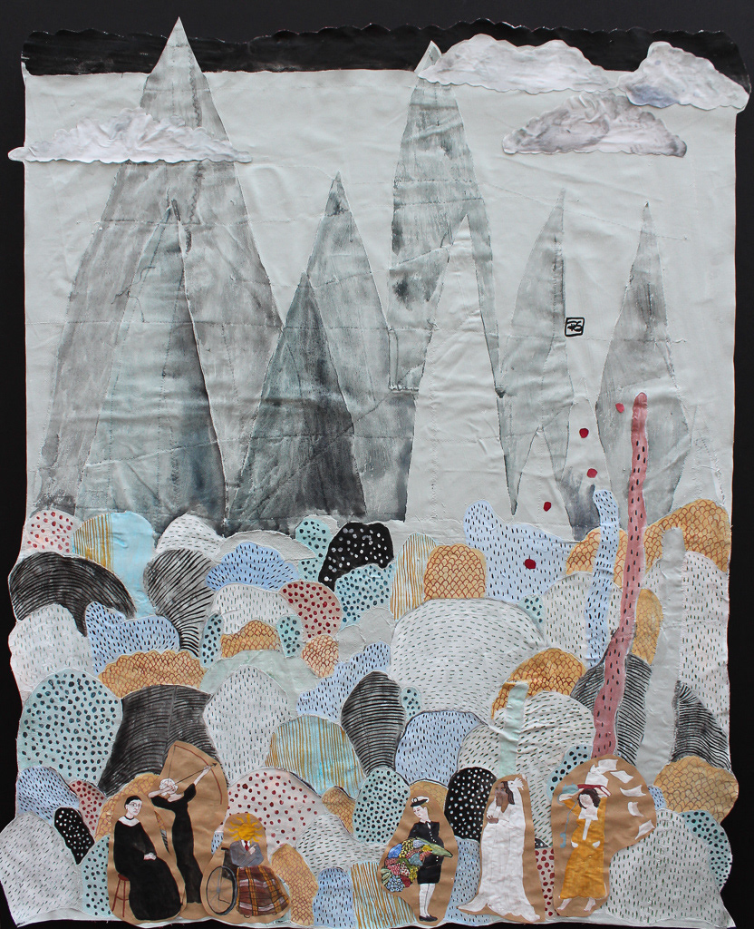 🔴We will just have to adapt. 36x48. Fabric, gouache, acrylic and paper on foam core. 