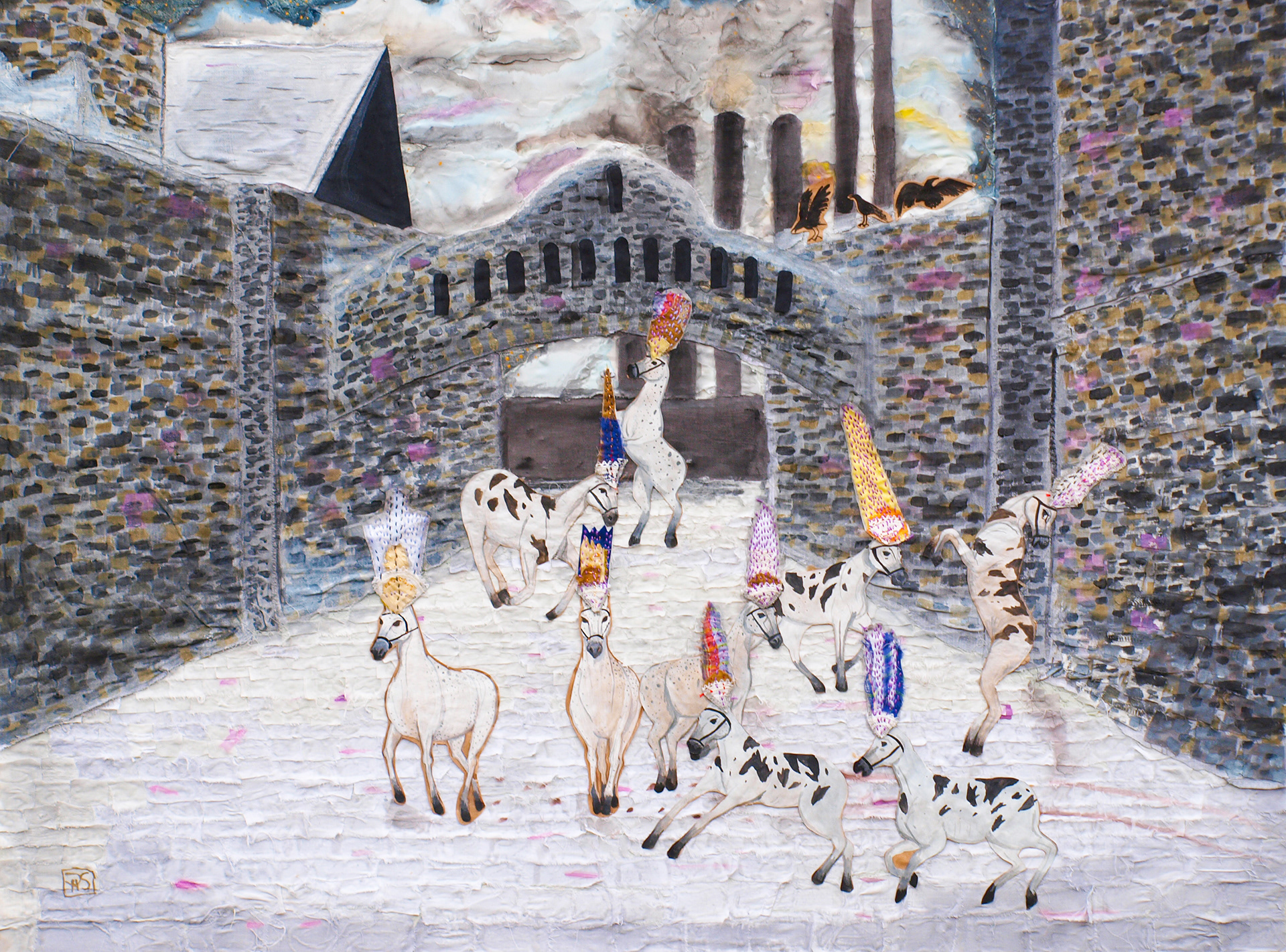 🔴Pony party prison break. 2011. 30x40. Fabric, embroidery, gouache and paper on birch panel. 