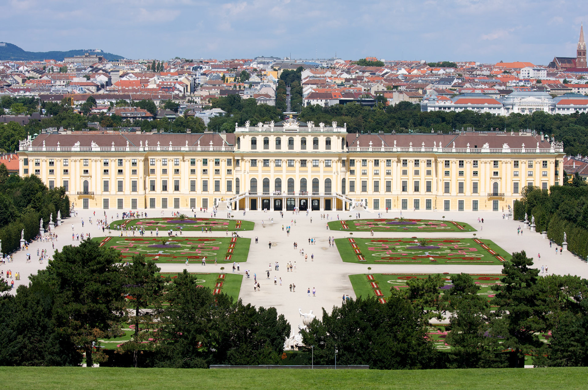 Schönbrunn Palace in Vienna with the famous gardens in front.