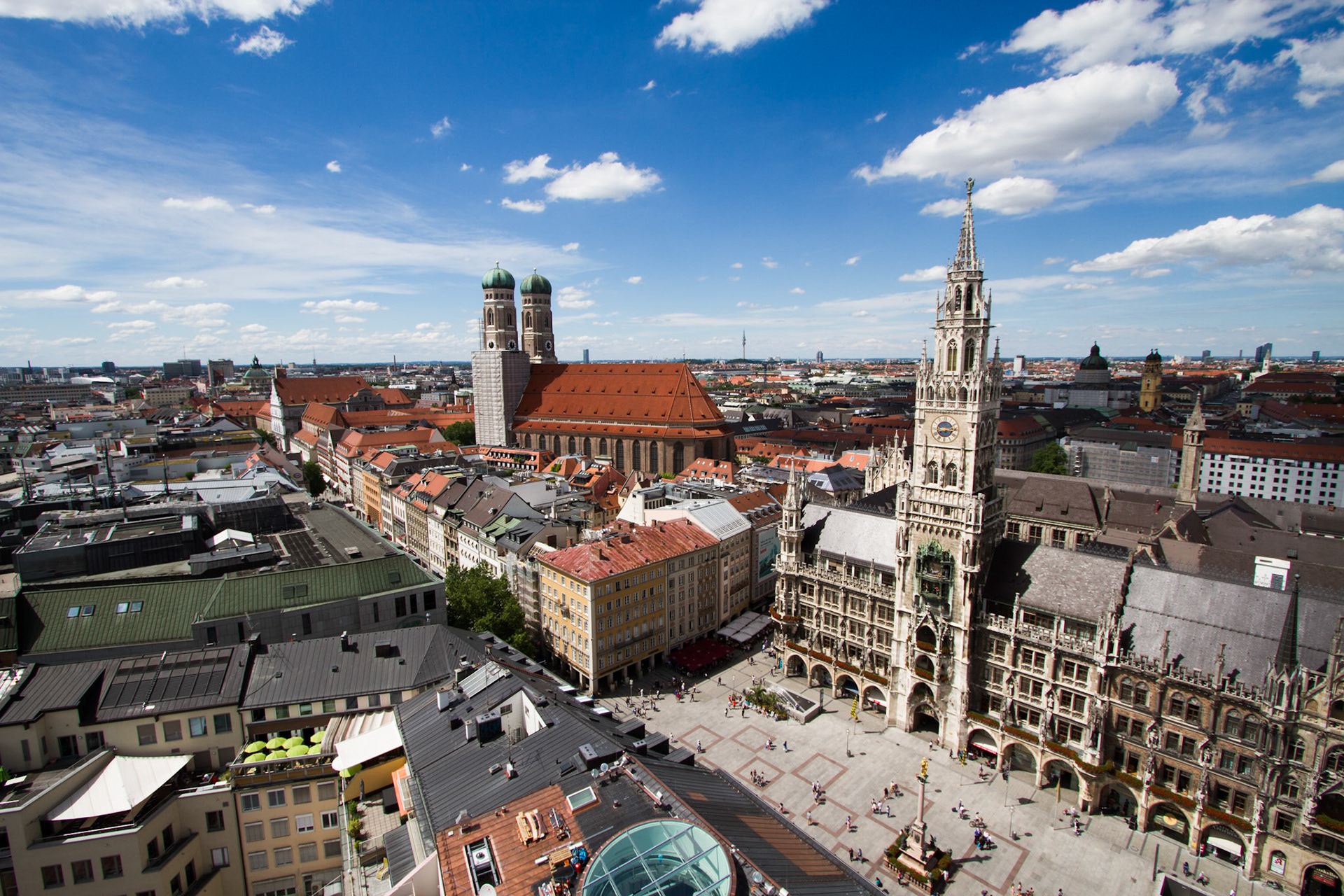 Marienplatz in Munich seen from above during a summer day.