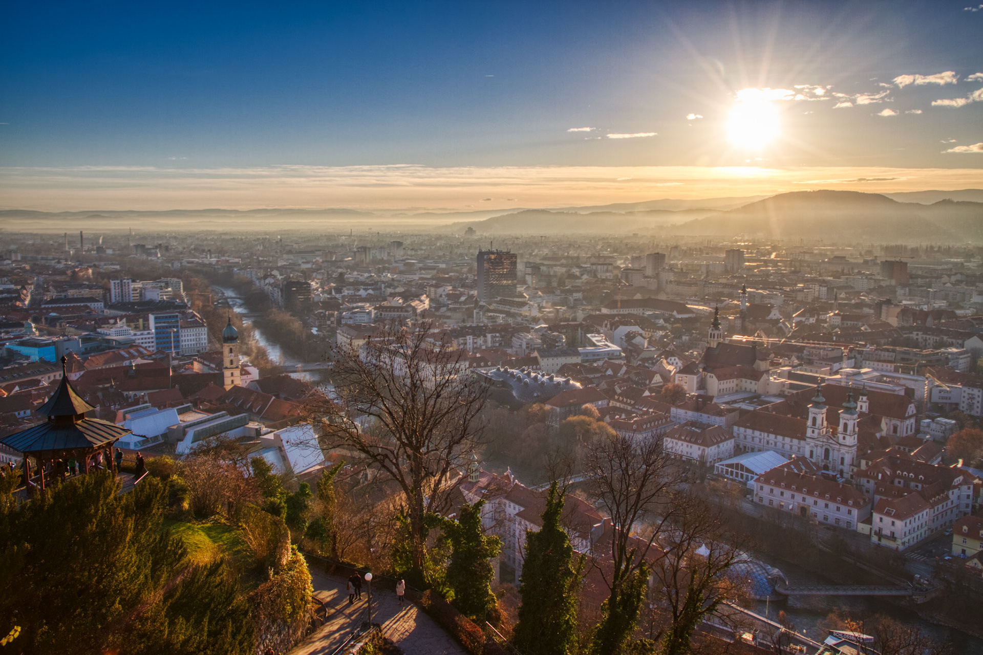 Sunset over the historic old town of Graz.
