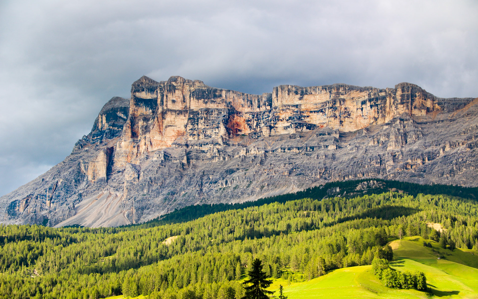 Sun kissed mountains in the Dolomites.