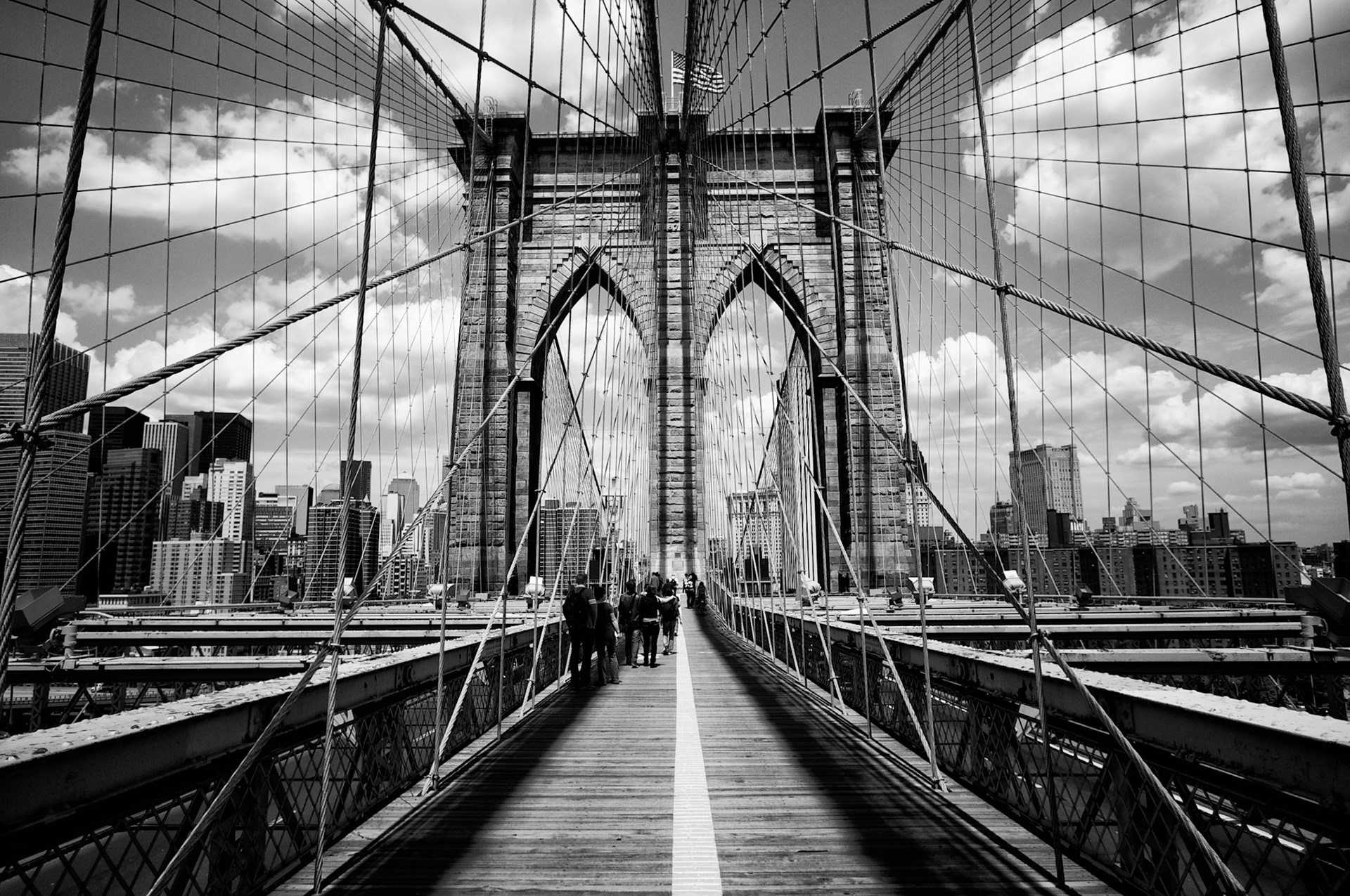 The Brooklyn Bridge in New York with view towards Manhattan.