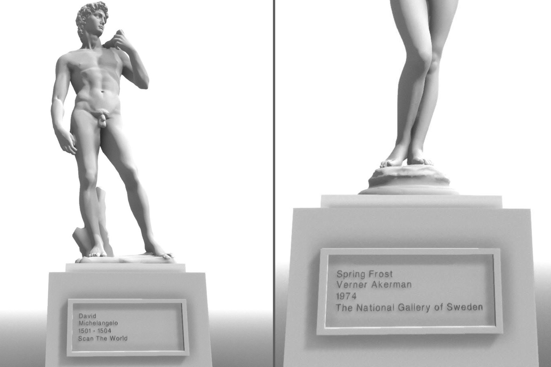Sculptures with auto generated infromation plaques below.