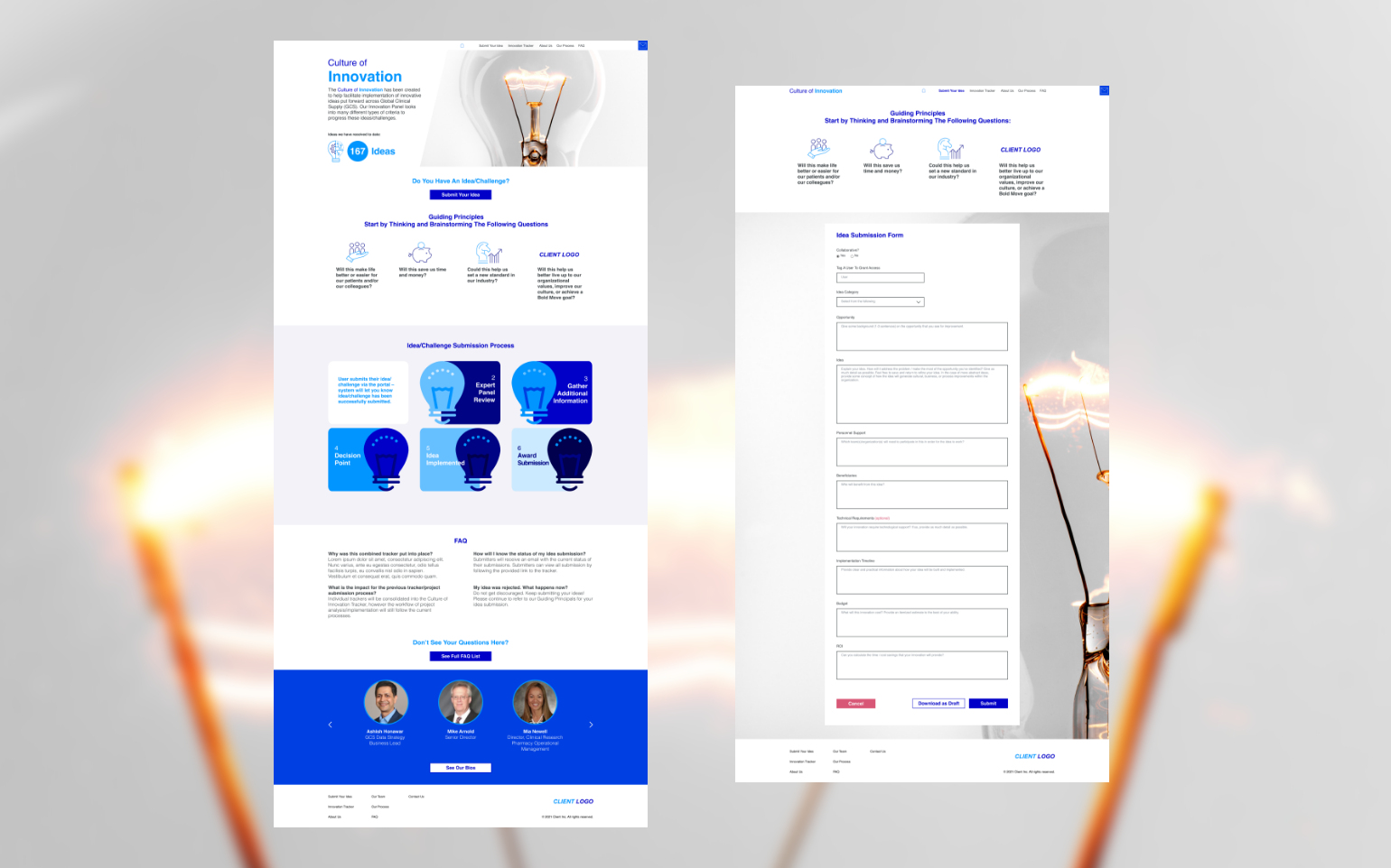 Sample of intranet web design projects. Scope included design concepts, site maps, wireframes, development packages, testings, revisions, and final deployment.