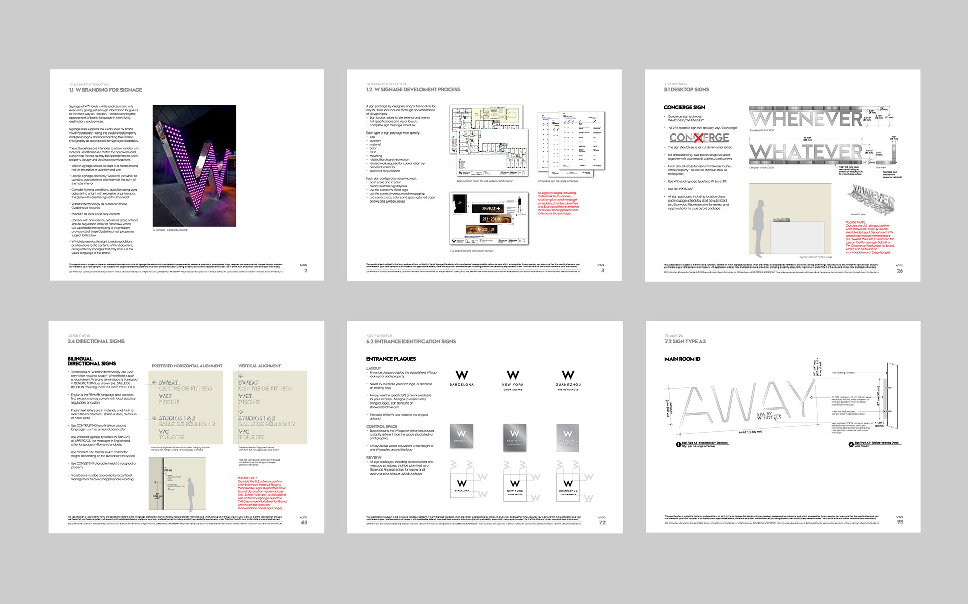 Editorial pages from W Hotels signage guidelines