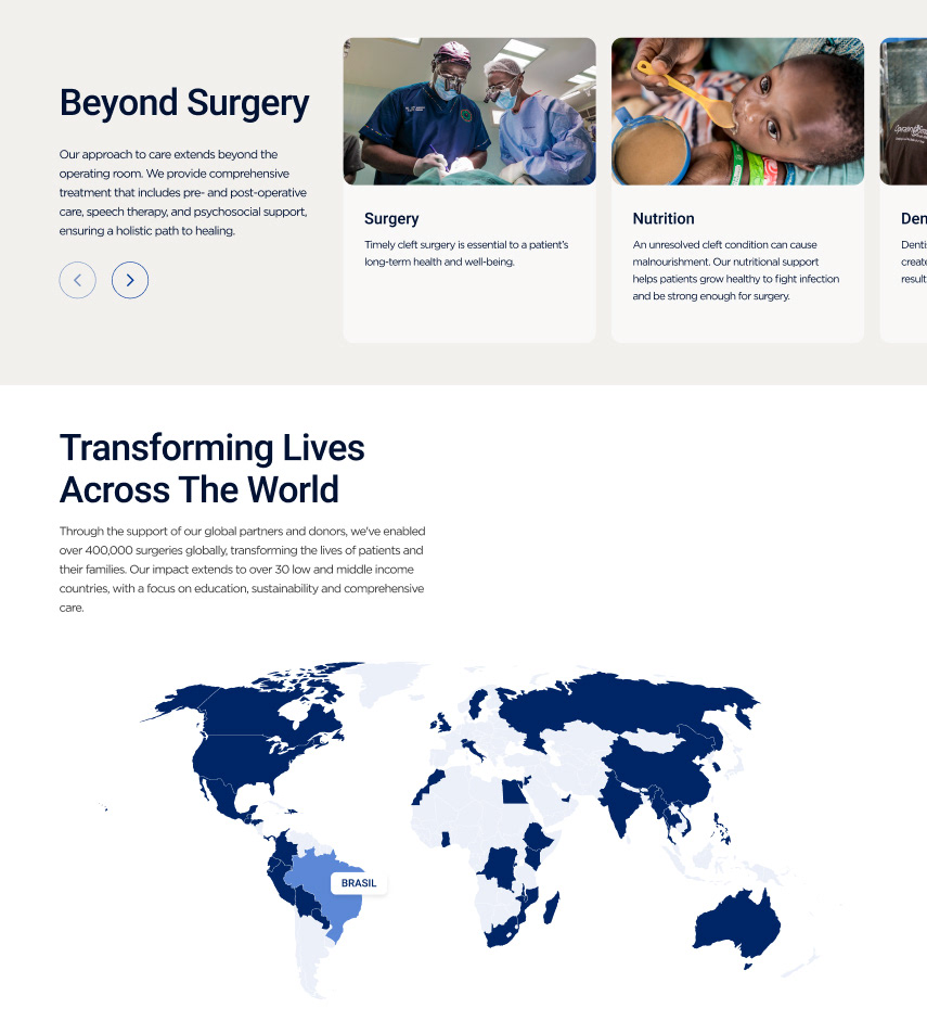 In the About page, we highlighted the impact the Organization has all over the world in providing comprehensive healthcare to cleft patients.