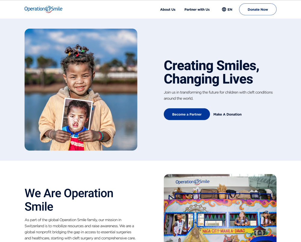 The homepage was specifically crafted for potential corporate and institutional partnerships. Although secondary, the website also provides information on how to proceed with individual donations.