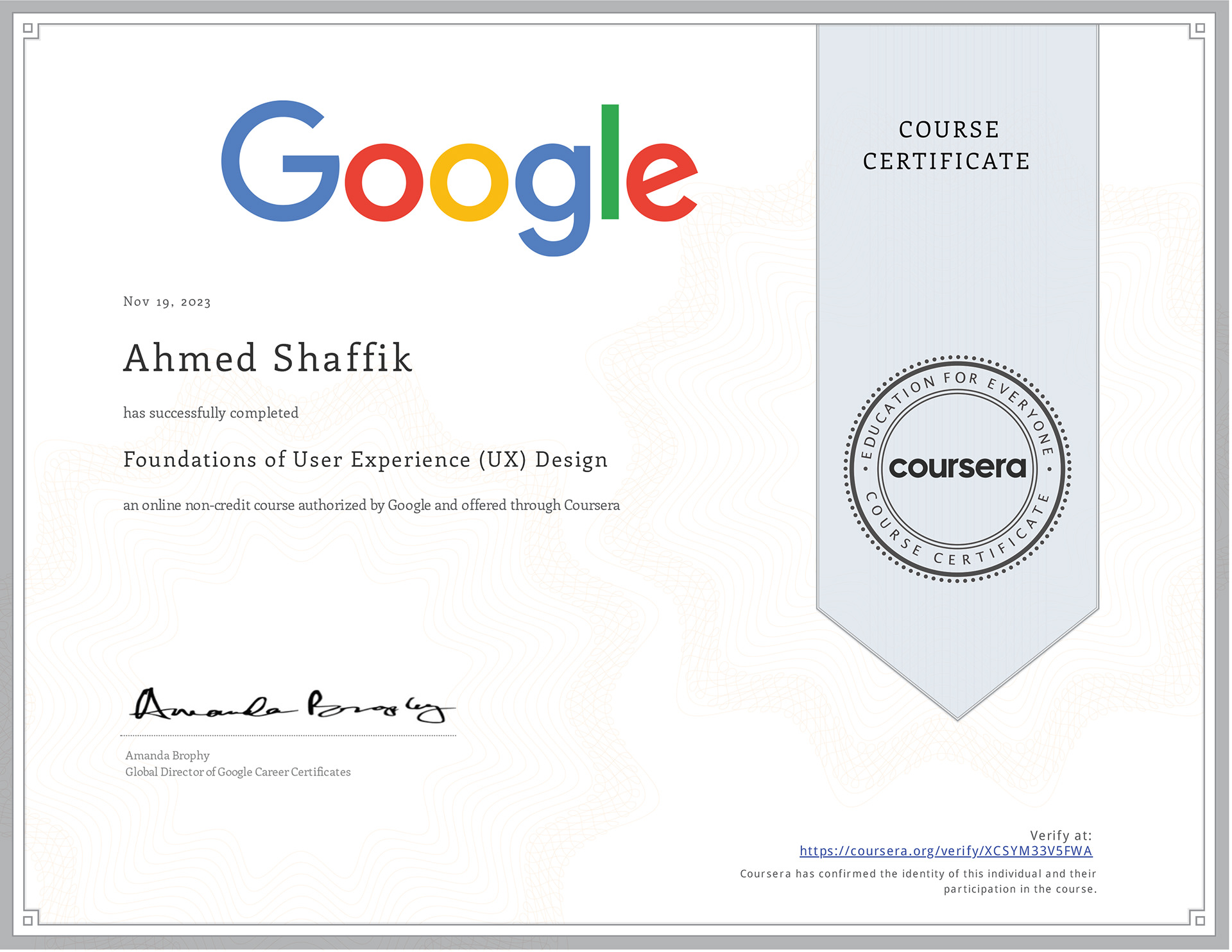 Google - Foundations of User Experience (UX) - Course Certificate
