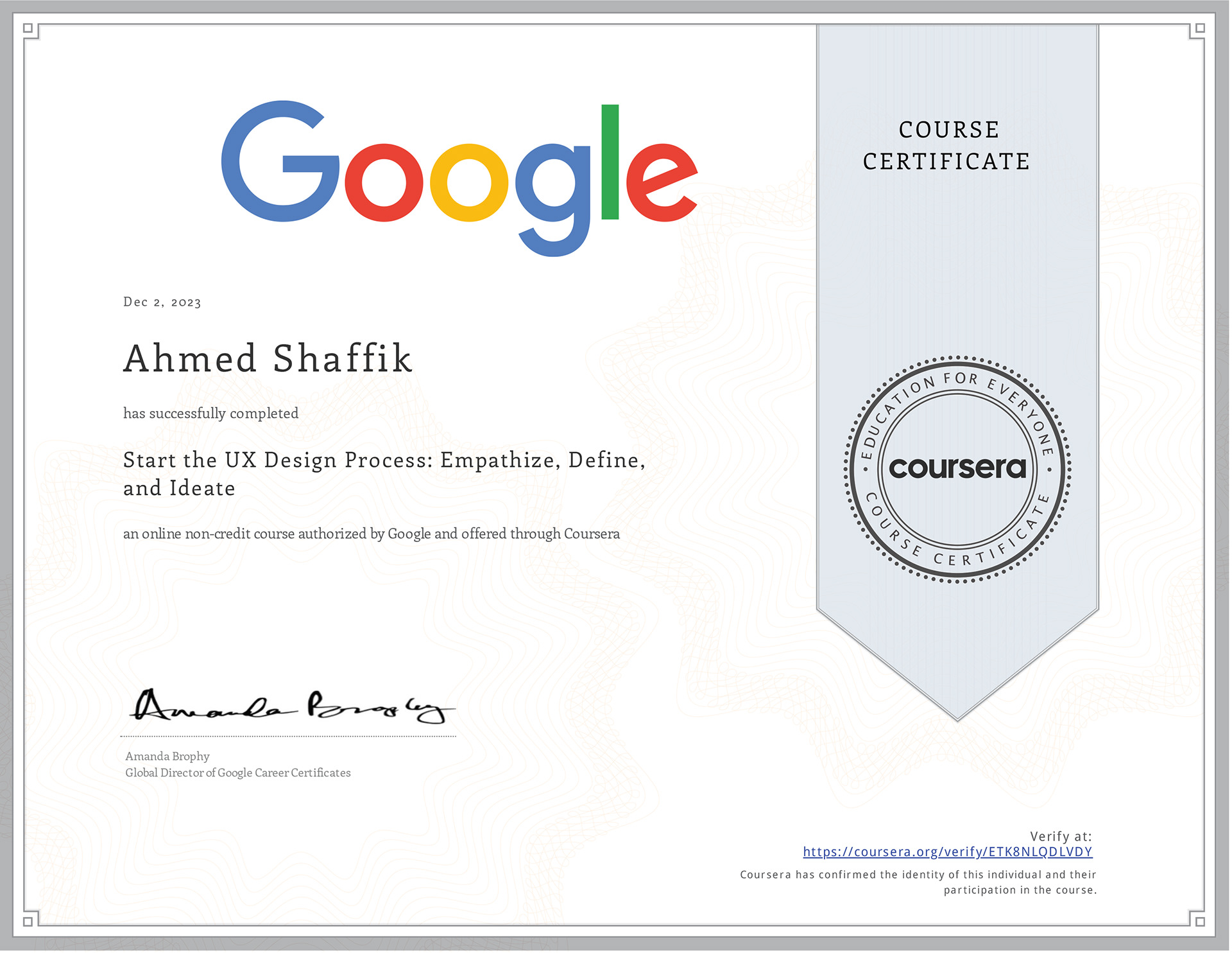 Google - Start the UX Design Process: Empathize, Define, and Ideate - Course Certificate