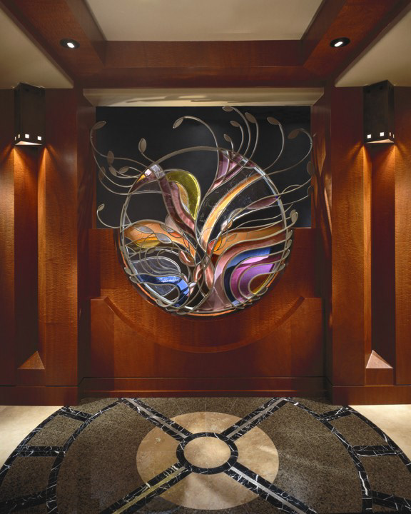 "Desert Light" 3-D stained glass and steel art piece designed by Vernon Swaback. Custom millwork, design & construction coordination.