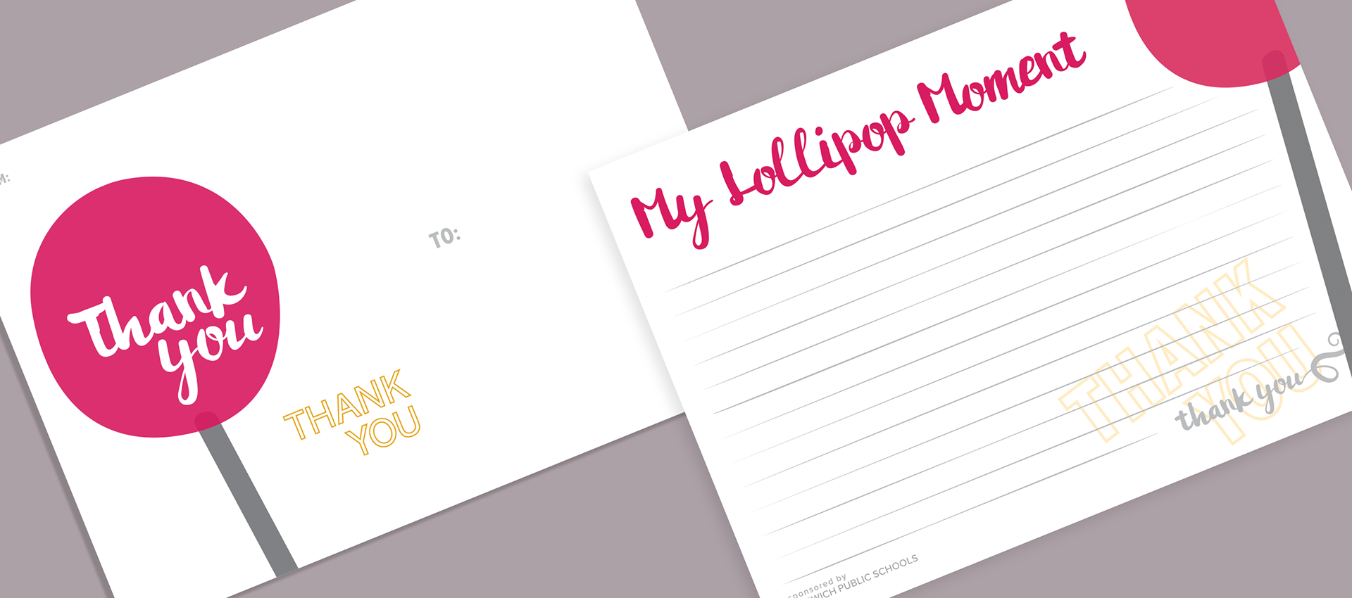Print-ready postcard design shown side by side, featuring a front with a lollipop graphic and “Thank You” message, and a back titled “My Lollipop Moment” with lined space for handwritten peer recognition notes.