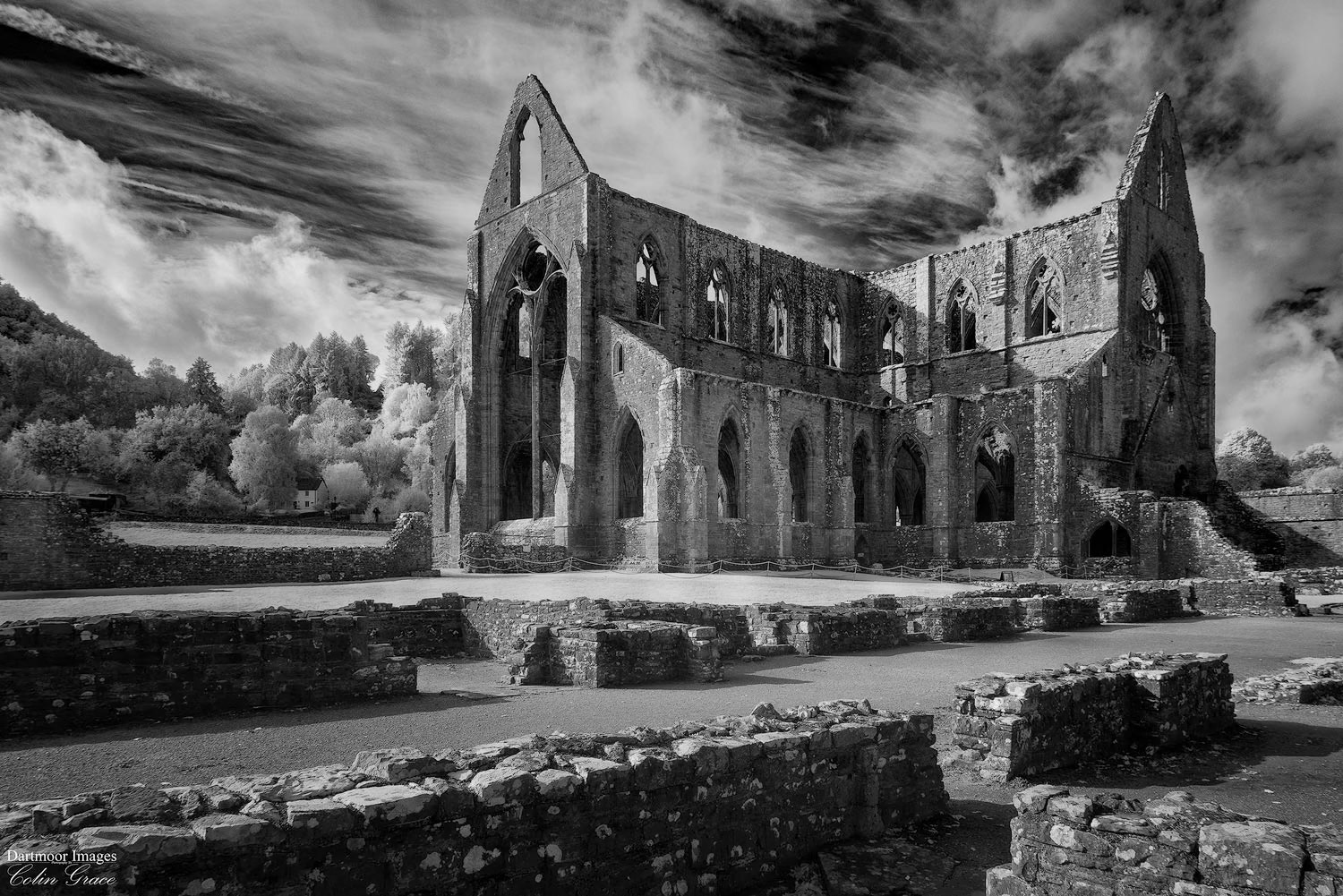 The ruins of Tintern Abbey in South Wales, photographed using an IR converted camera.