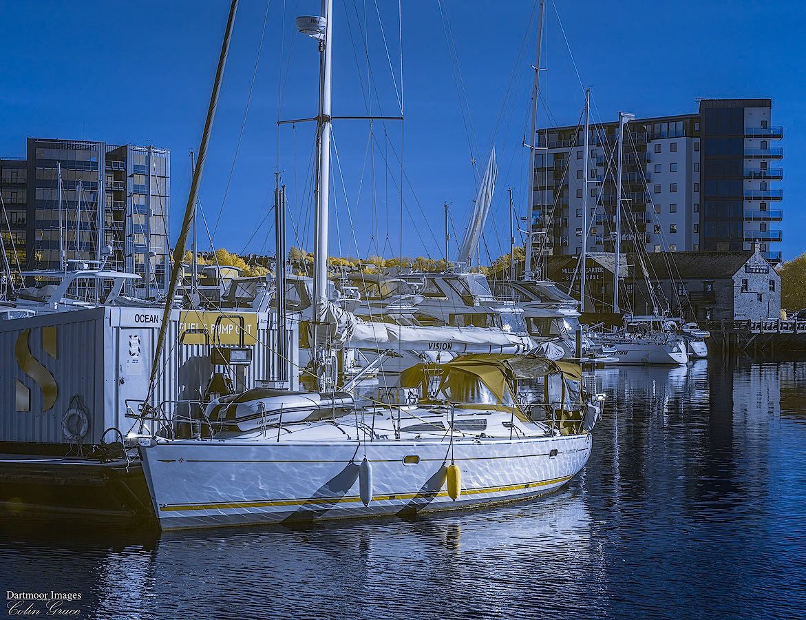 The yacht Sun Odyssey 40 ties up alongside the fuel jetty on the Barbican in Plymouth.