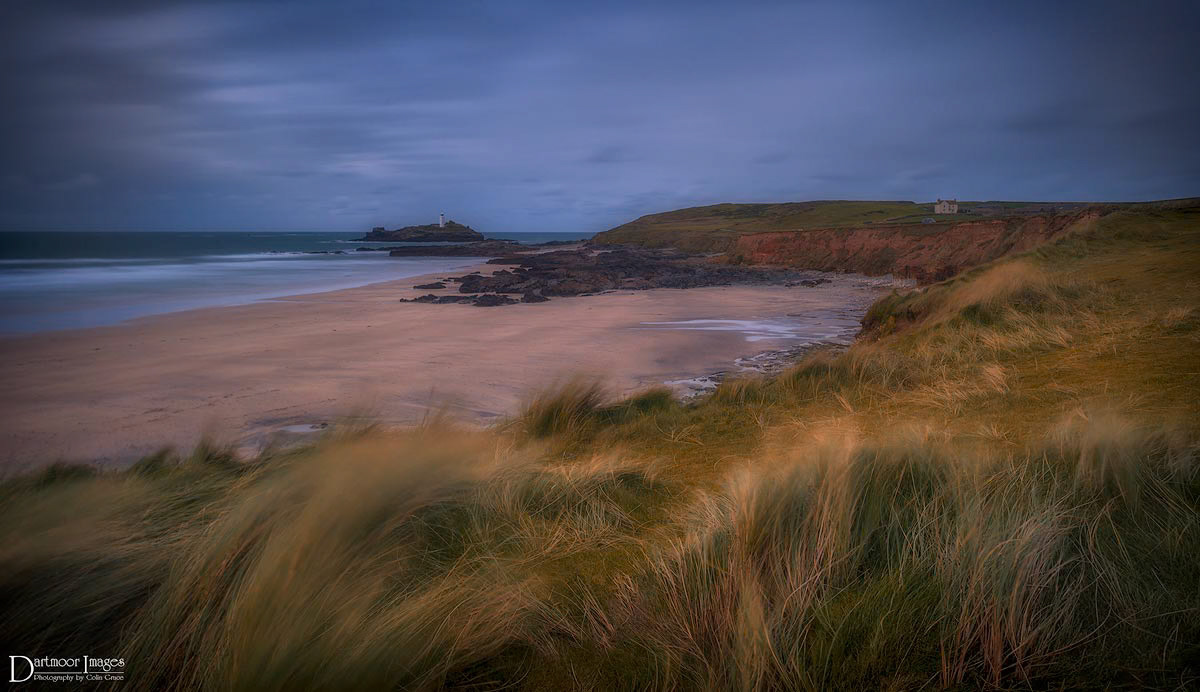 Low tide and high winds at Godrevy in Cornwall.