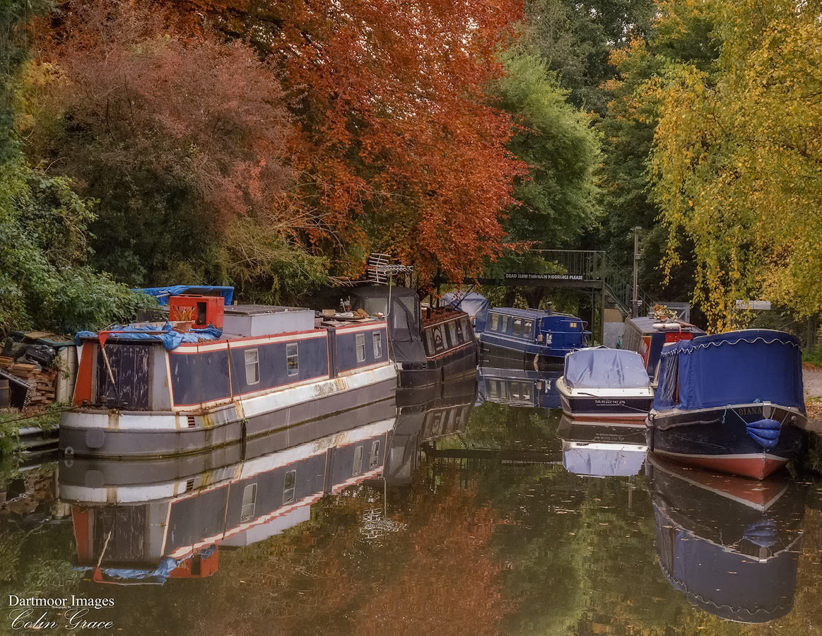 Boats moored up at the Somerset Coal Canal basin during a colourful autumn day.