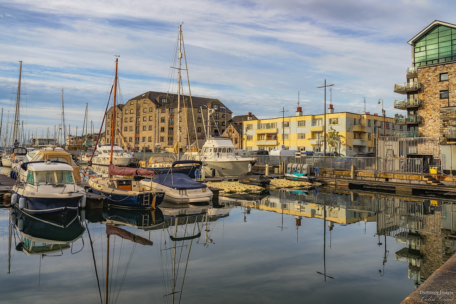 A cloudy but still morning at Sutton Harbour in Plymouth.