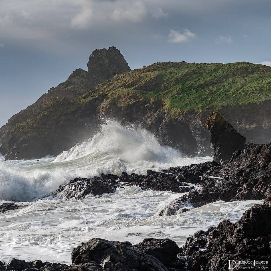 High winds cause waves to crash against the rocks at Kynance Cove in South Cornwall.