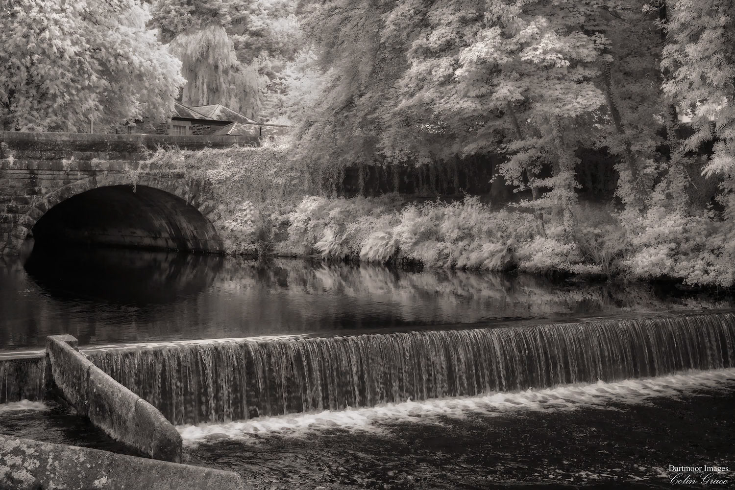 The weir on the River Tavy at Tavistock in Devon, photographed using an infra red converted camera.