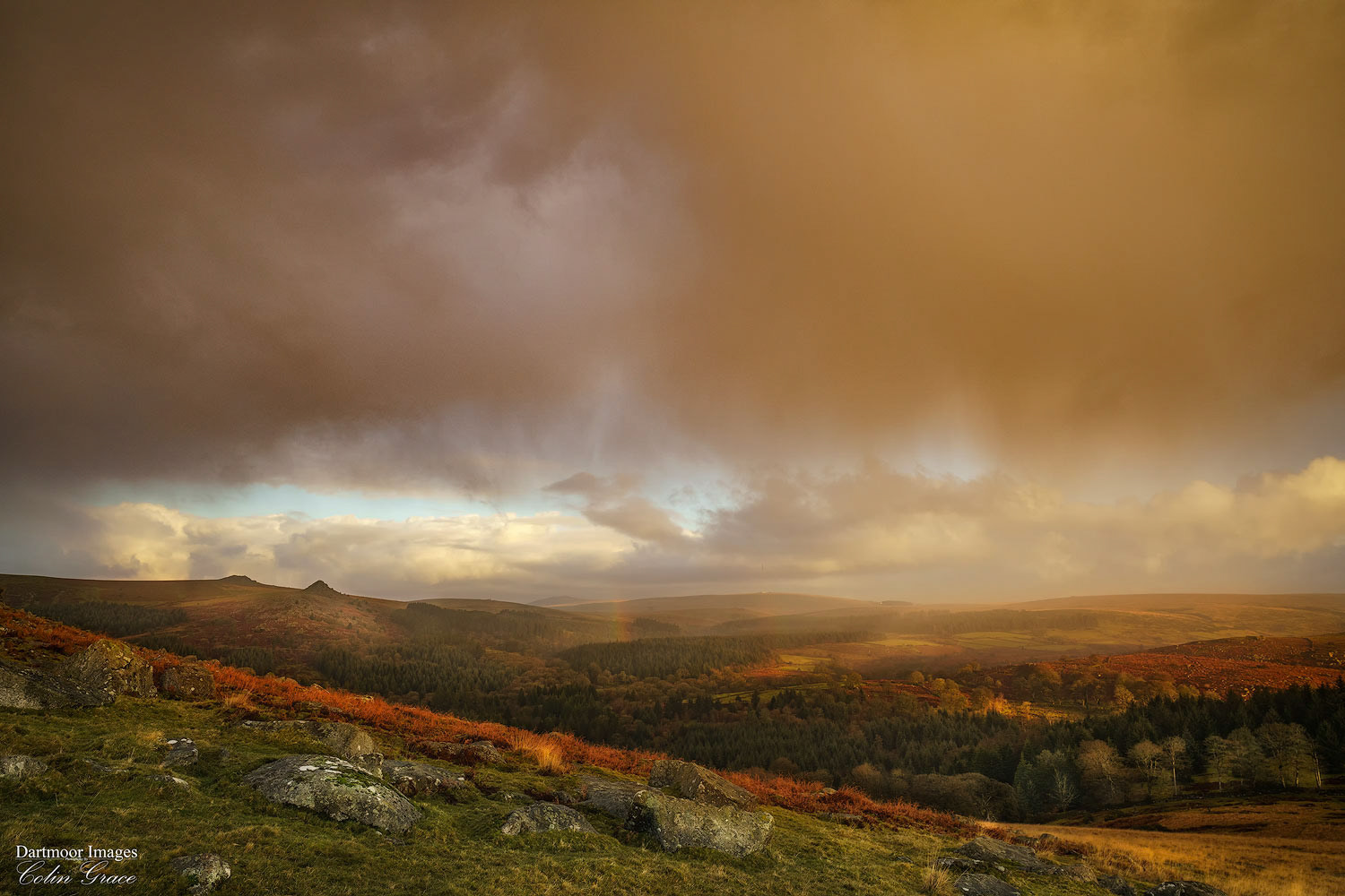 The view of Dartmoor from the slopes of Sheeps Tor during a windy and showery morning.
