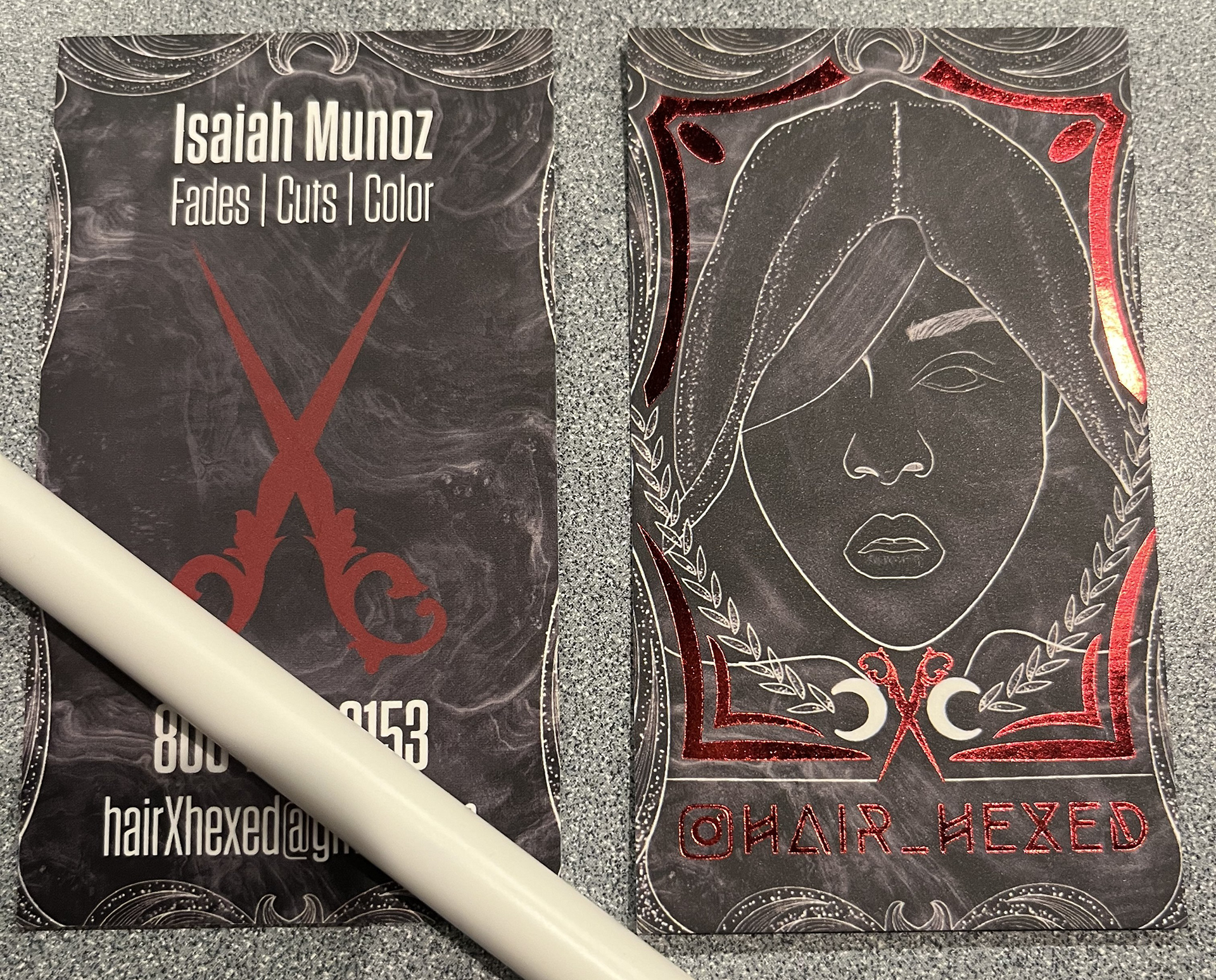 Logo and Business Card Design for Hair Hexed. All elements drawn/designed by me