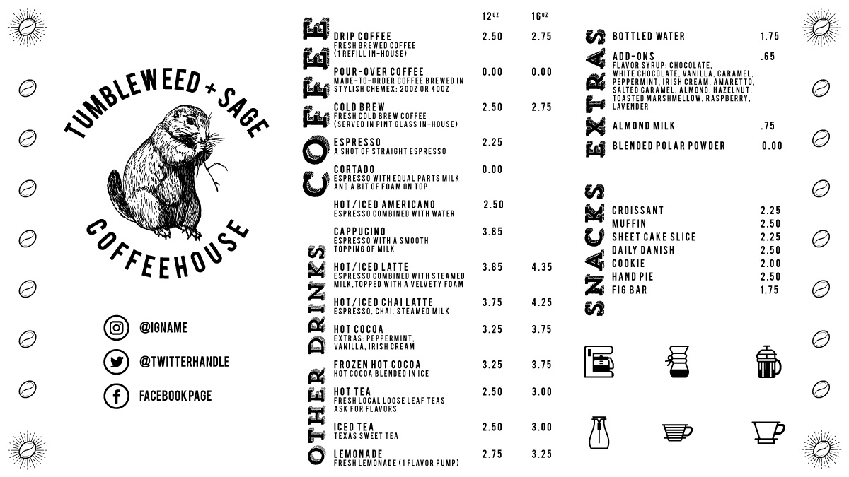 Menu layout for Tumbleweed + Sage Coffee house.