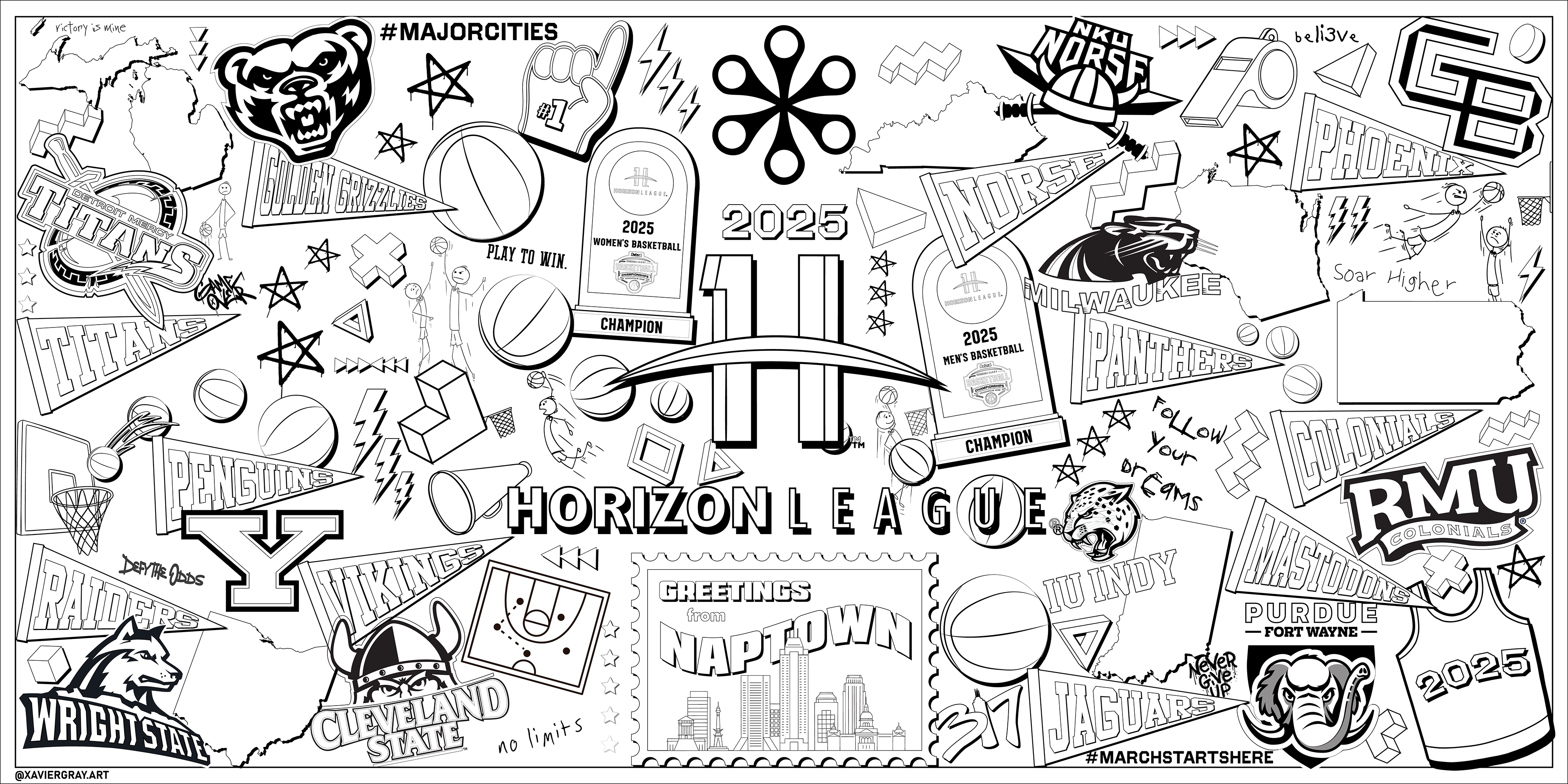 8x4ft Coloring book mural for the 2025 NCAA Horizion League Championships