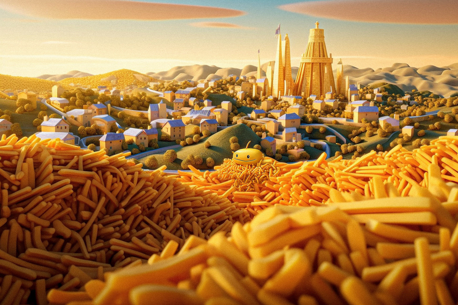 A whimsical 3D-rendered landscape depicting a city and world made entirely of French fries, featuring a cheerful, cartoonish Pixar-inspired style in high-resolution, made by Olivier Hero Dressen for Thefrenchfries.co