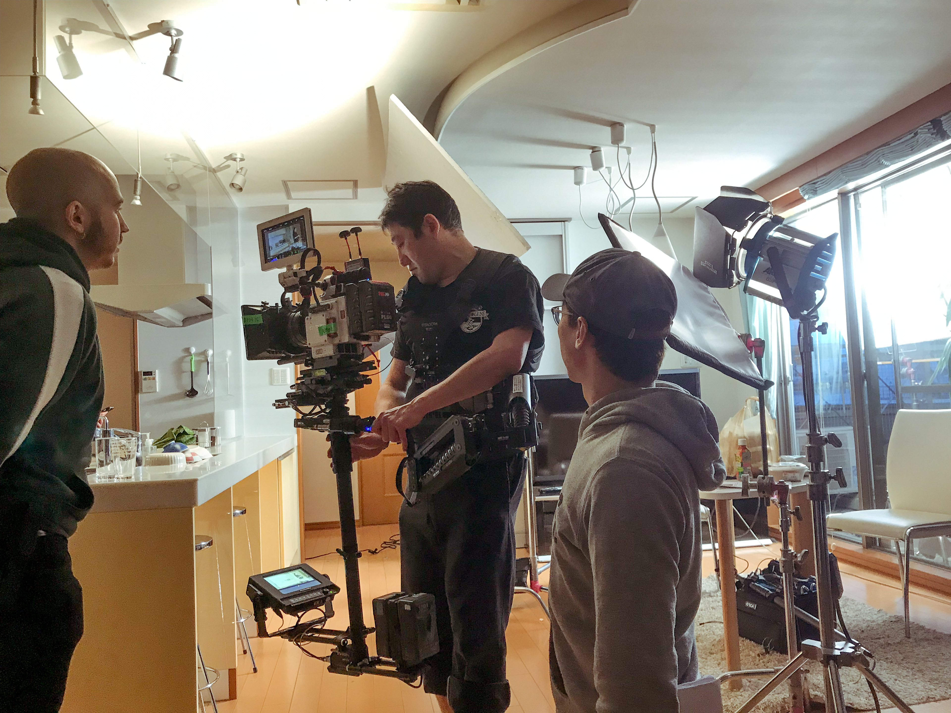 DP Hans Bobanovits and SteadyCam Operator Tetsuo Suzuki rehearsing the scene.