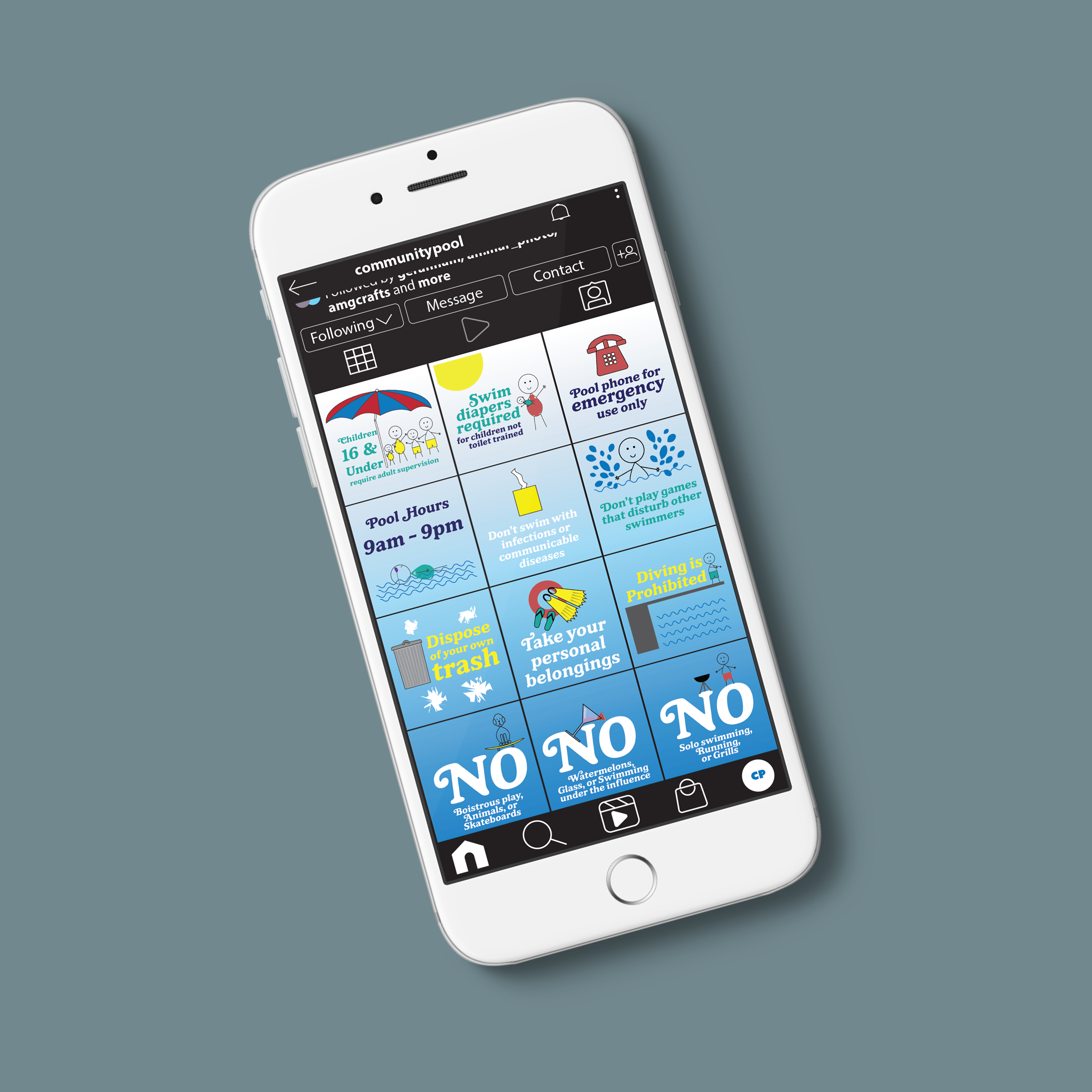 iphone showing an Instagram profile for a community pool with illustrated posts of the pool rules.