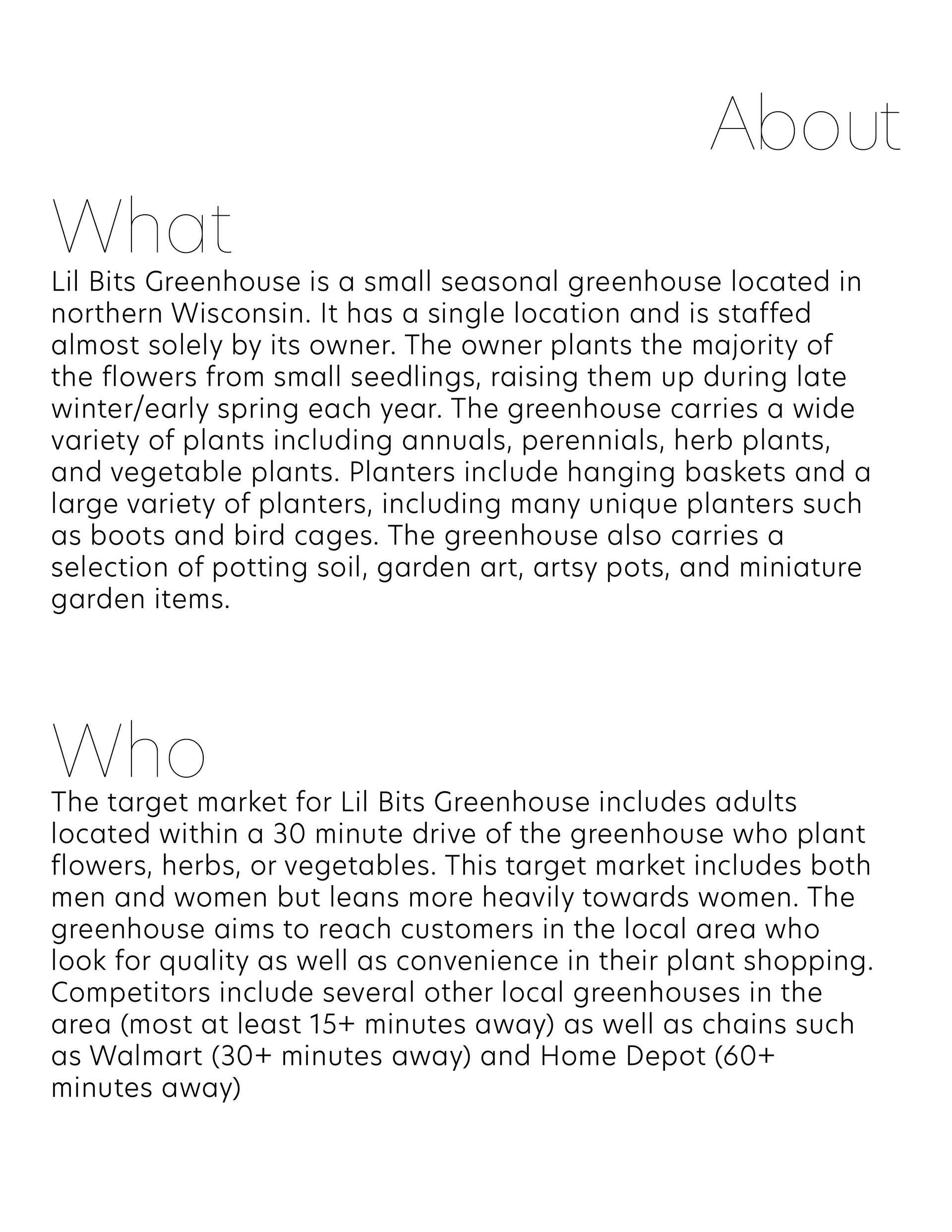 Page one of the Lil Bits Greenhouse branding folder is the about page, which describes the business as well as the target market.