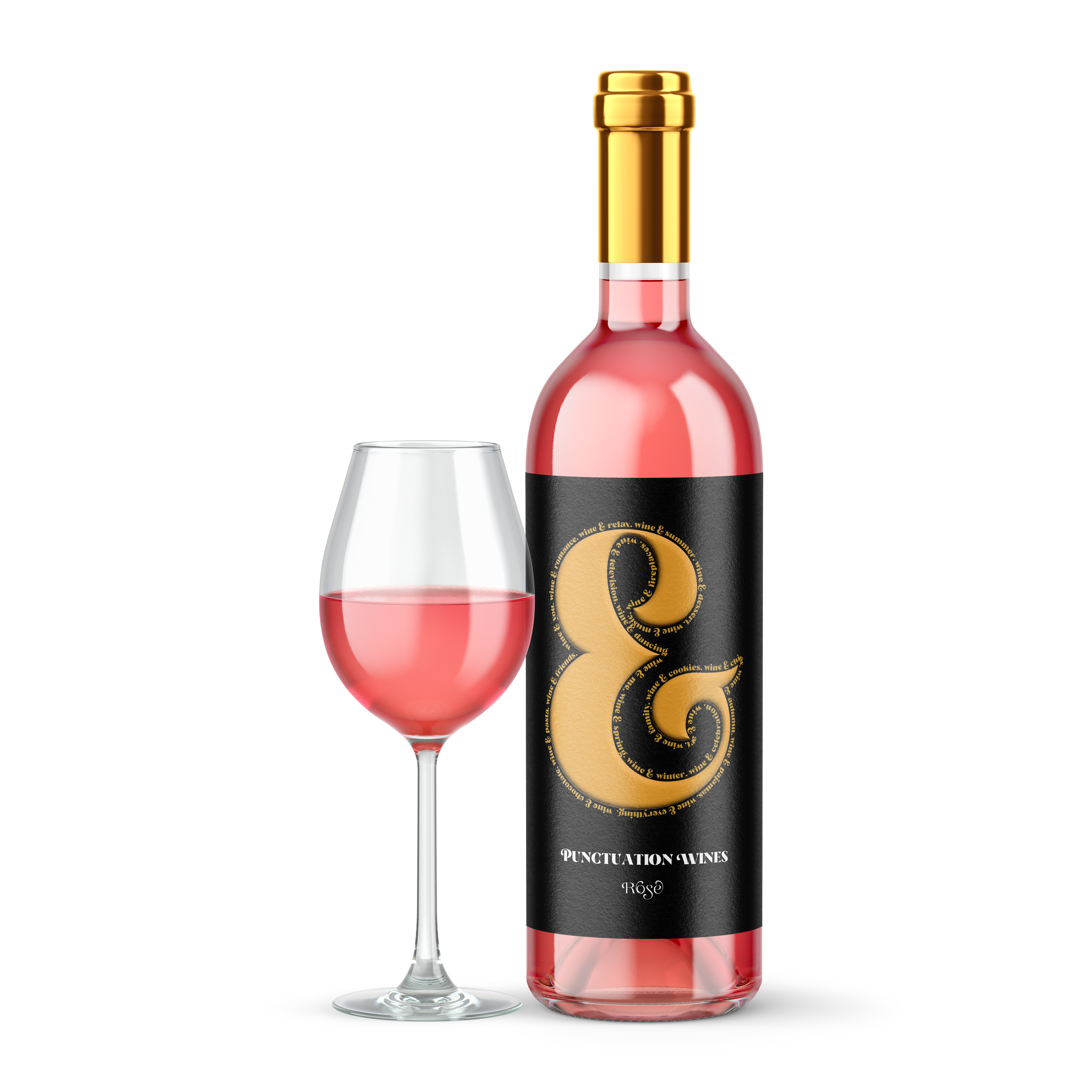 Wine bottle mockup of Punctuation Wines Rose label. Gold ampersand on black. Wine bottle with wine glass next to it.