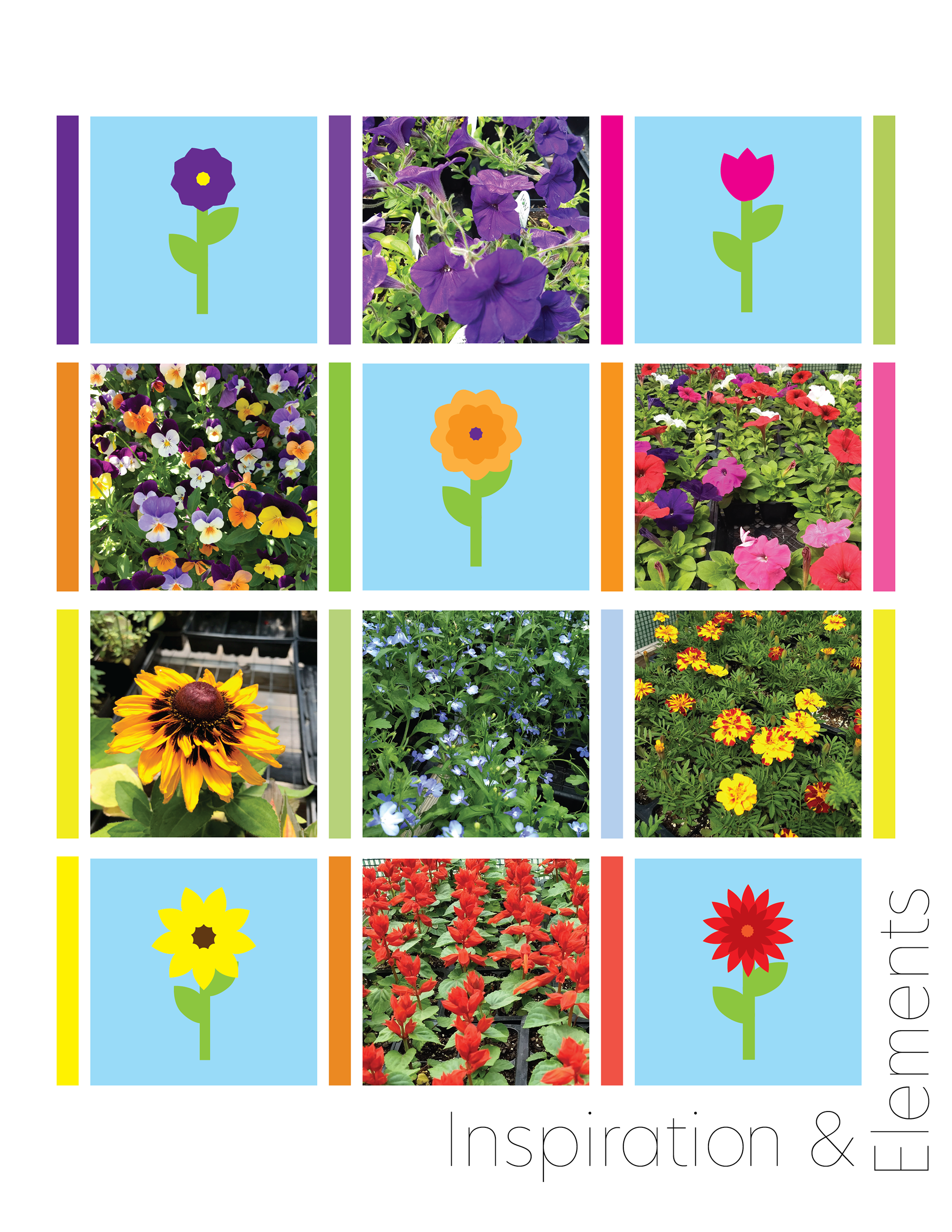 Page two of the Lil Bits Greenhouse branding folder is a grid layout of flower photos from the business along with the illustrated flowers that were used in the logo.