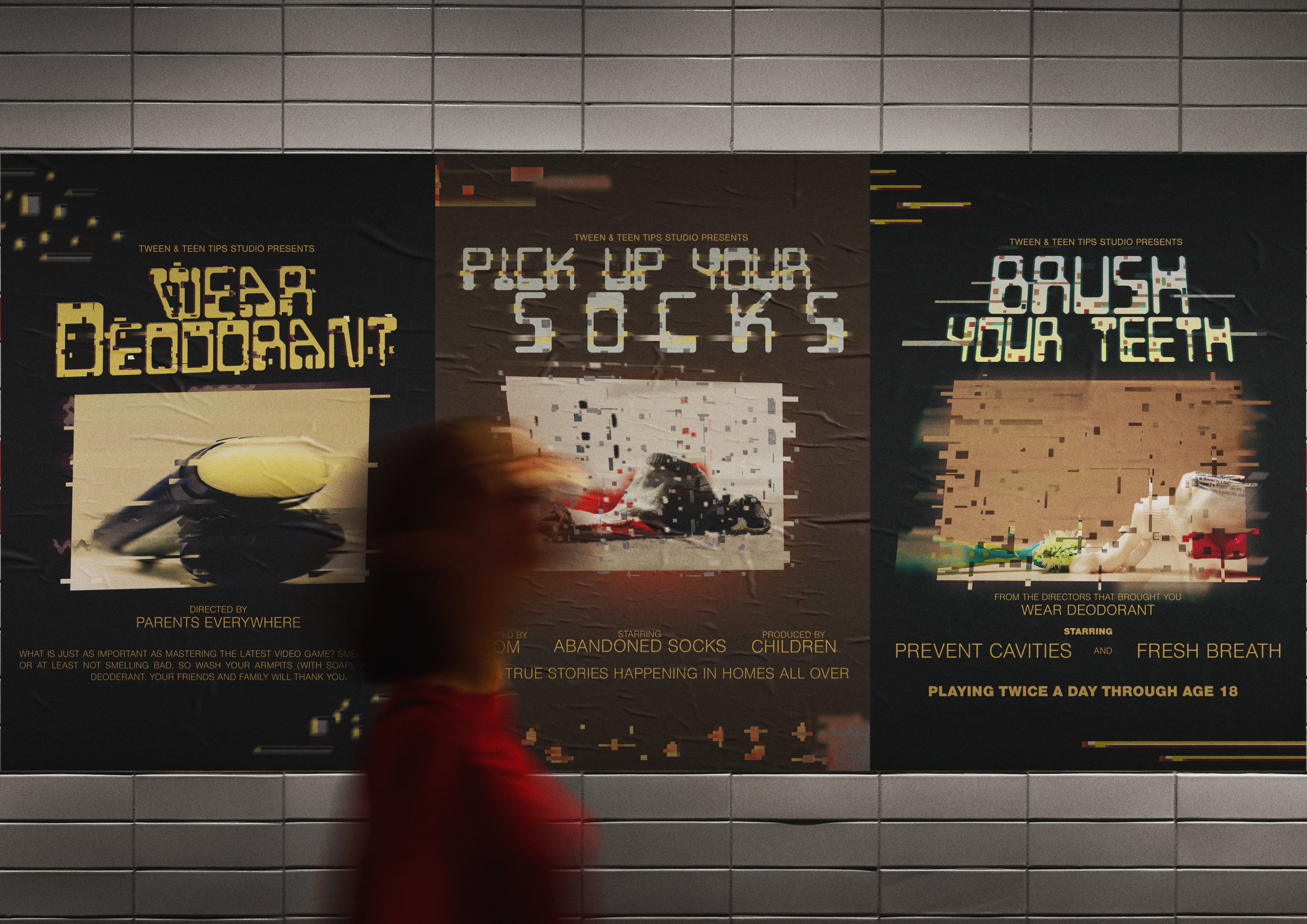 Set of three posters with a glitchy video game theme in movie poster format. The posters are a fun take on three instructions given to my almost teenager almost daily.