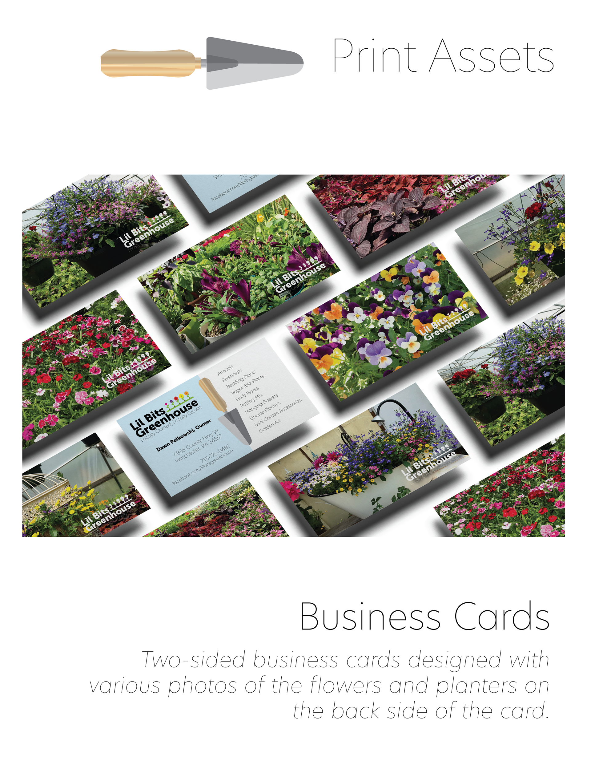 Page six of the Lil Bits Greenhouse branding folder shows the first of the print assets designed for Lil Bits Greenhouse. These are two sided business cards that use photos of the flowers on the back side. 