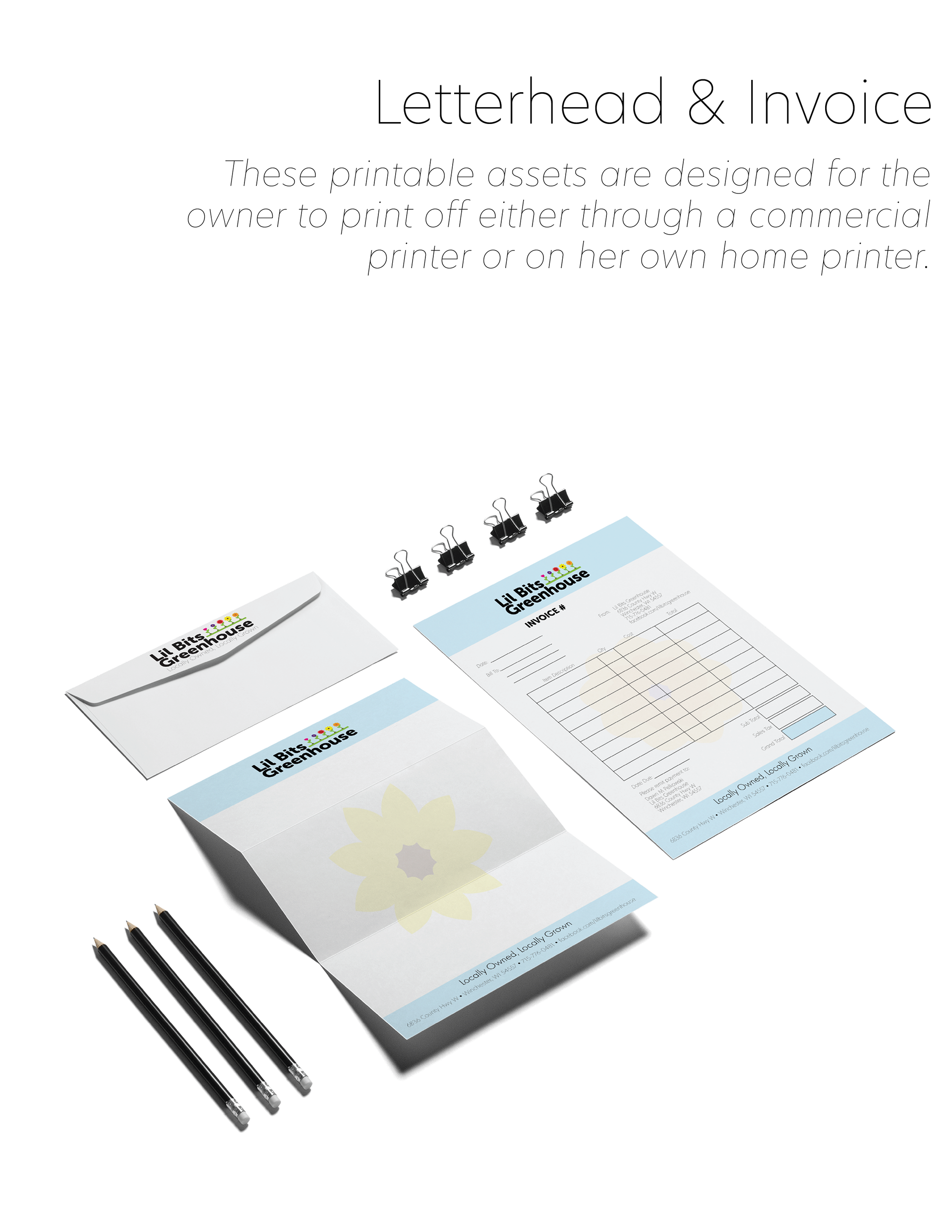 Page eight of the Lil Bits Greenhouse branding folder shares the letterhead and invoice designed for the company.