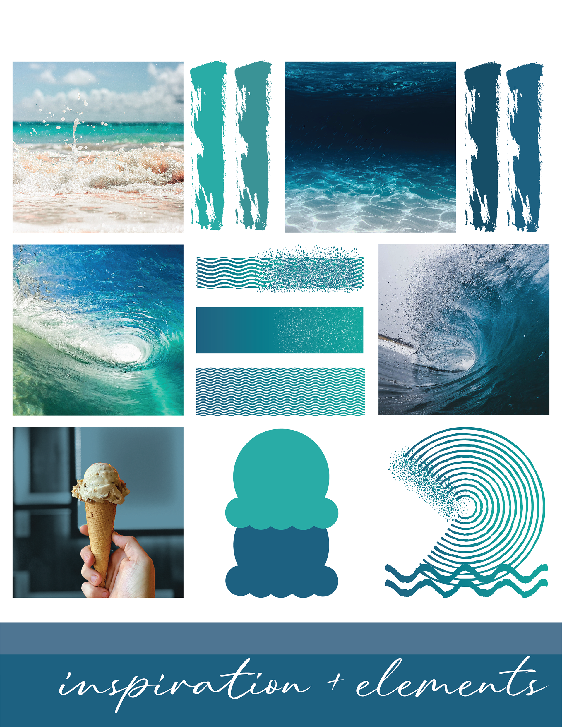 Page two of the Sea & Salt Social Club brand folder contains images used in creating the brand including a variety of sea photos as well as colors and several elements created to get to the final logo icon..