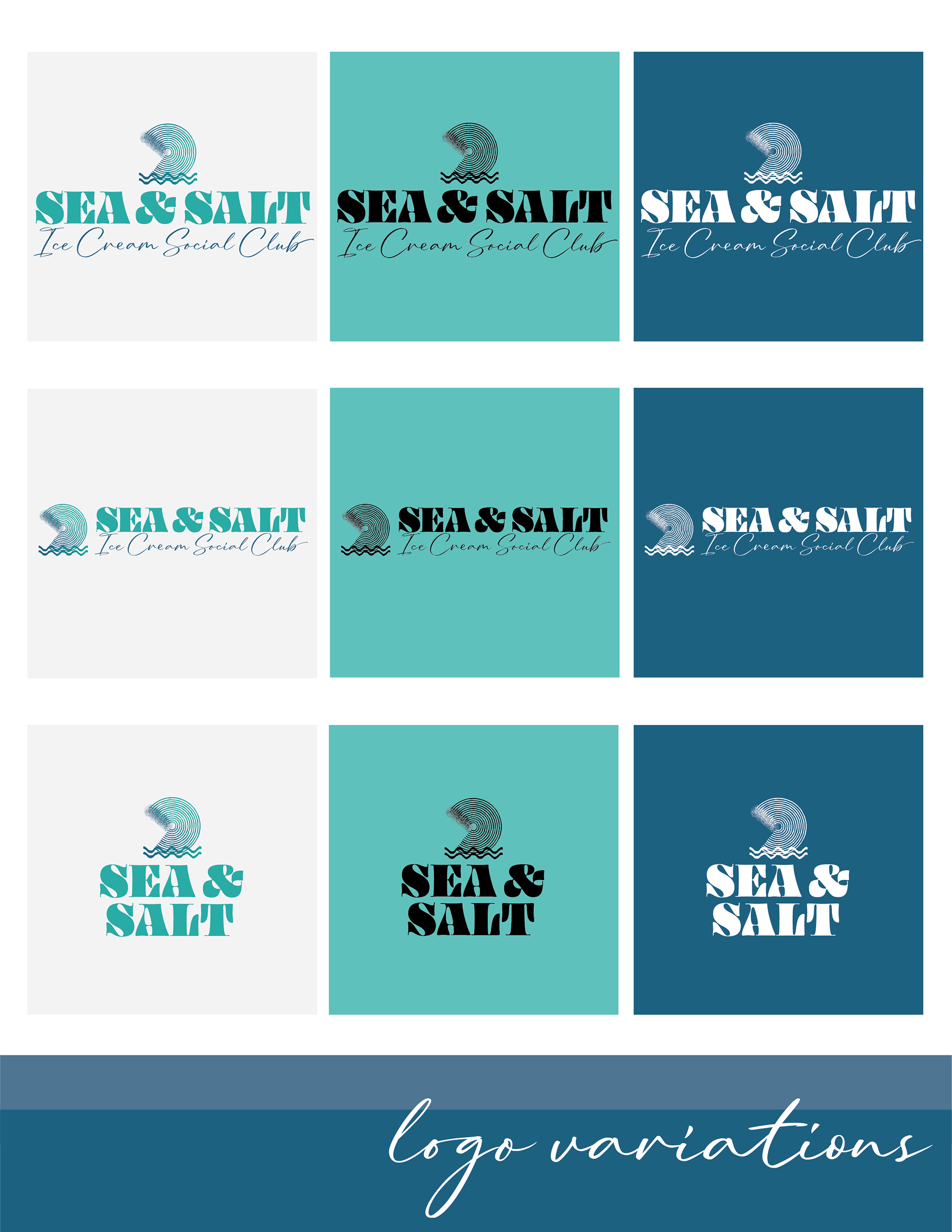 Page five of the Sea & Salt Social Club brand folder depicts the final logo in full color, black, and white as well as two variations on the logo in all three colors as well. 